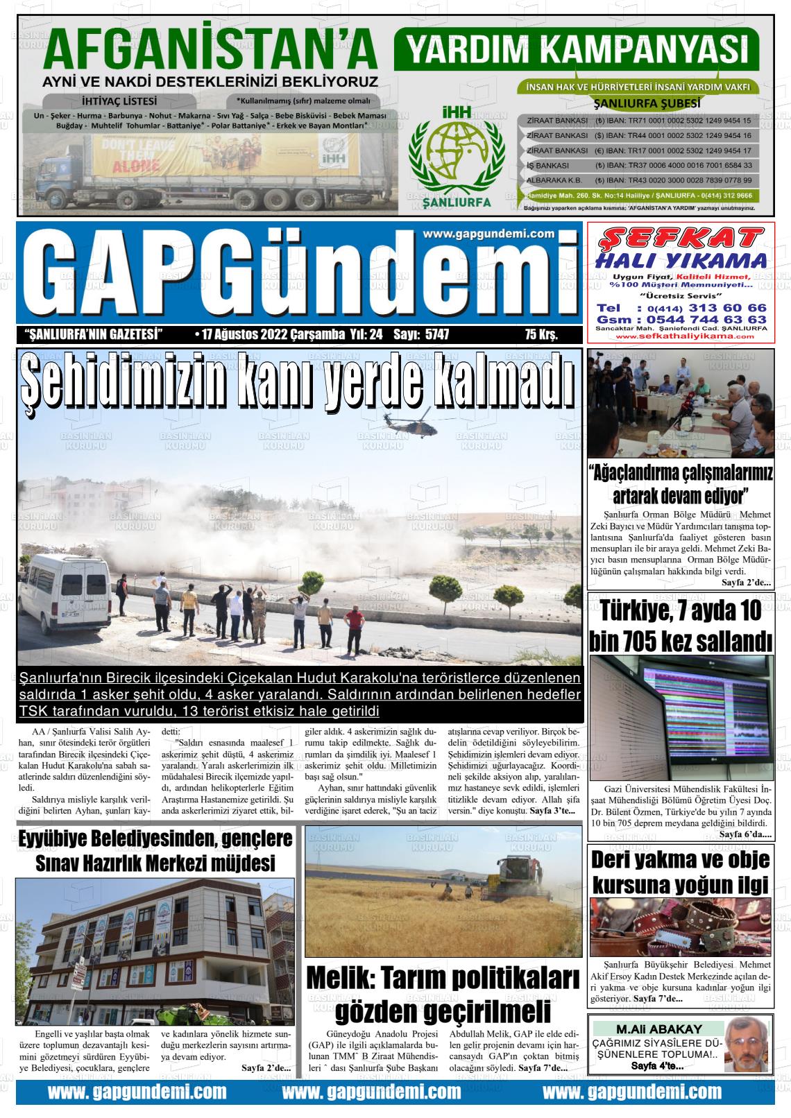 17 Ağustos 2022 Gap Gündemi Gazete Manşeti