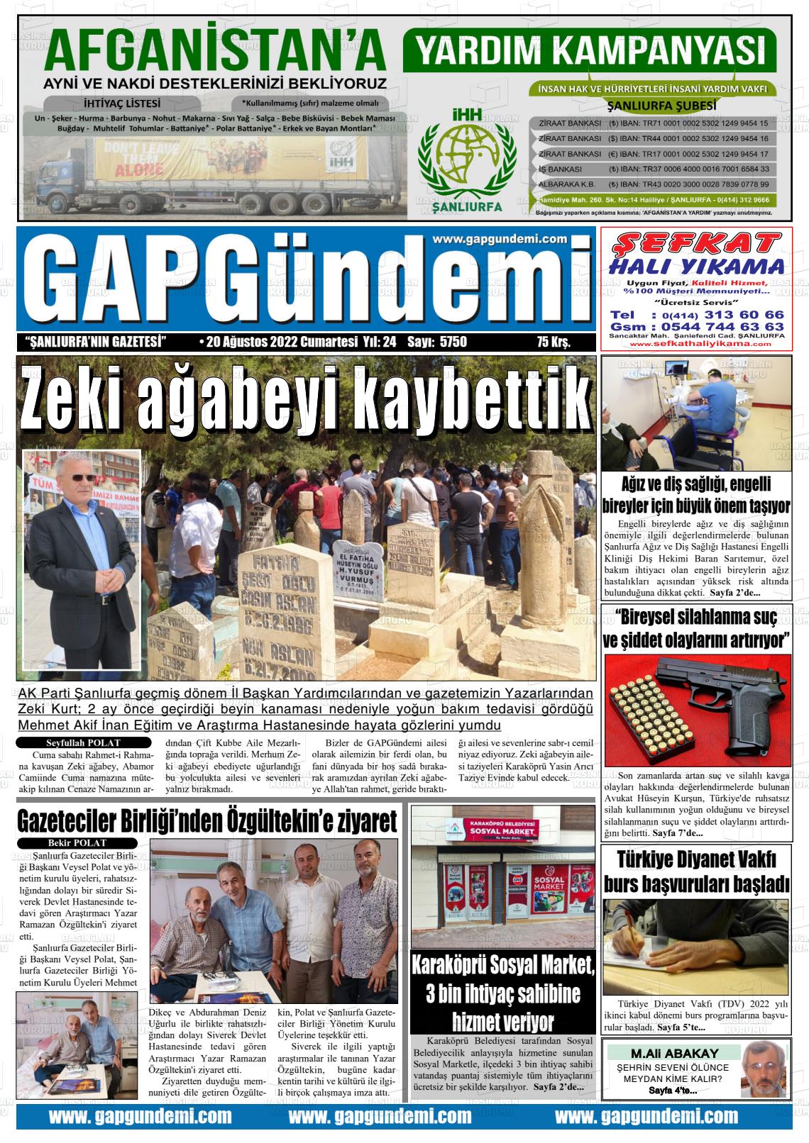 20 Ağustos 2022 Gap Gündemi Gazete Manşeti