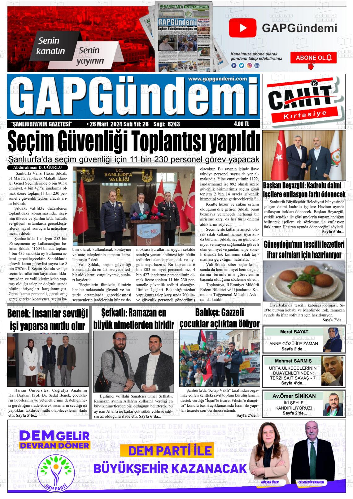 26 Mart 2024 Gap Gündemi Gazete Manşeti