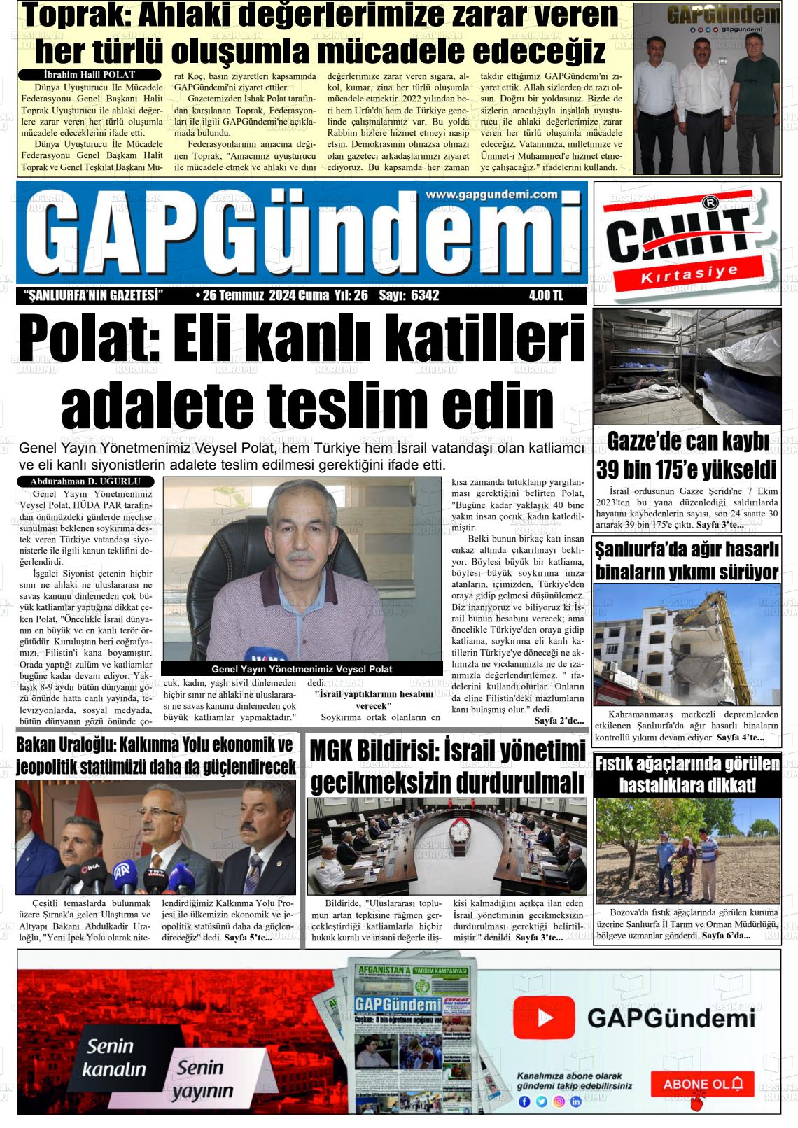 26 Temmuz 2024 Gap Gündemi Gazete Manşeti