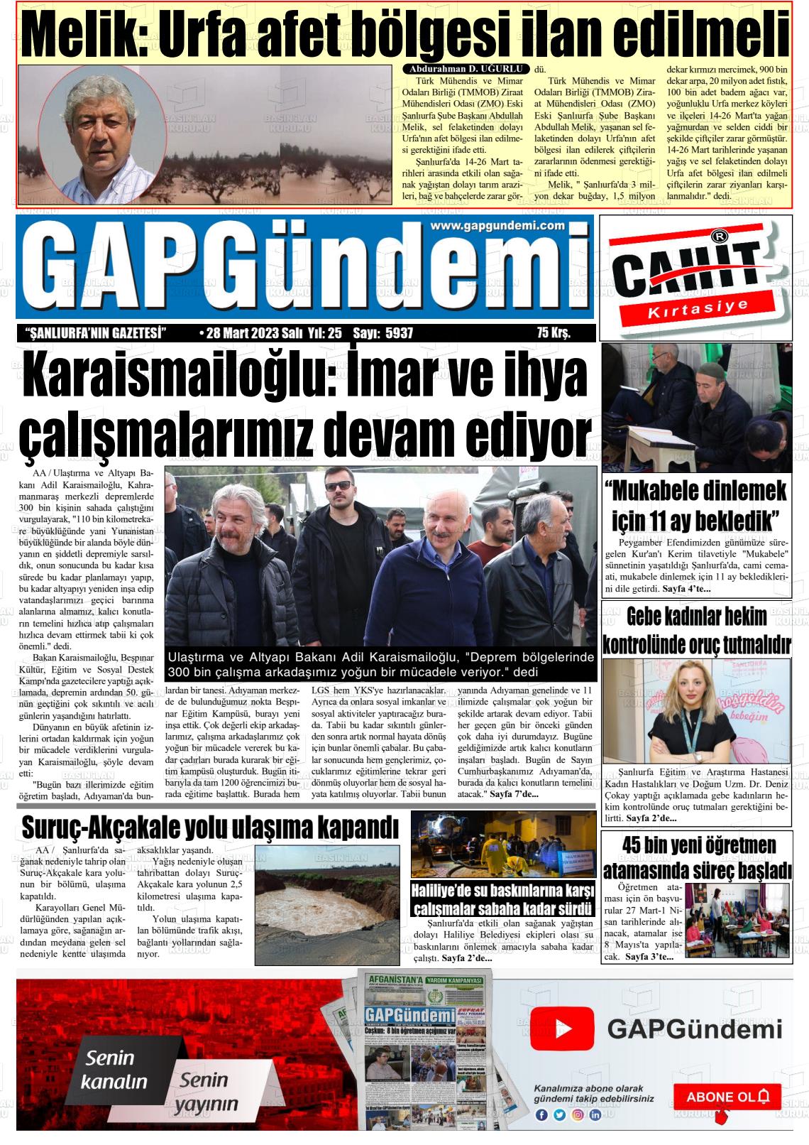 28 Mart 2023 Gap Gündemi Gazete Manşeti