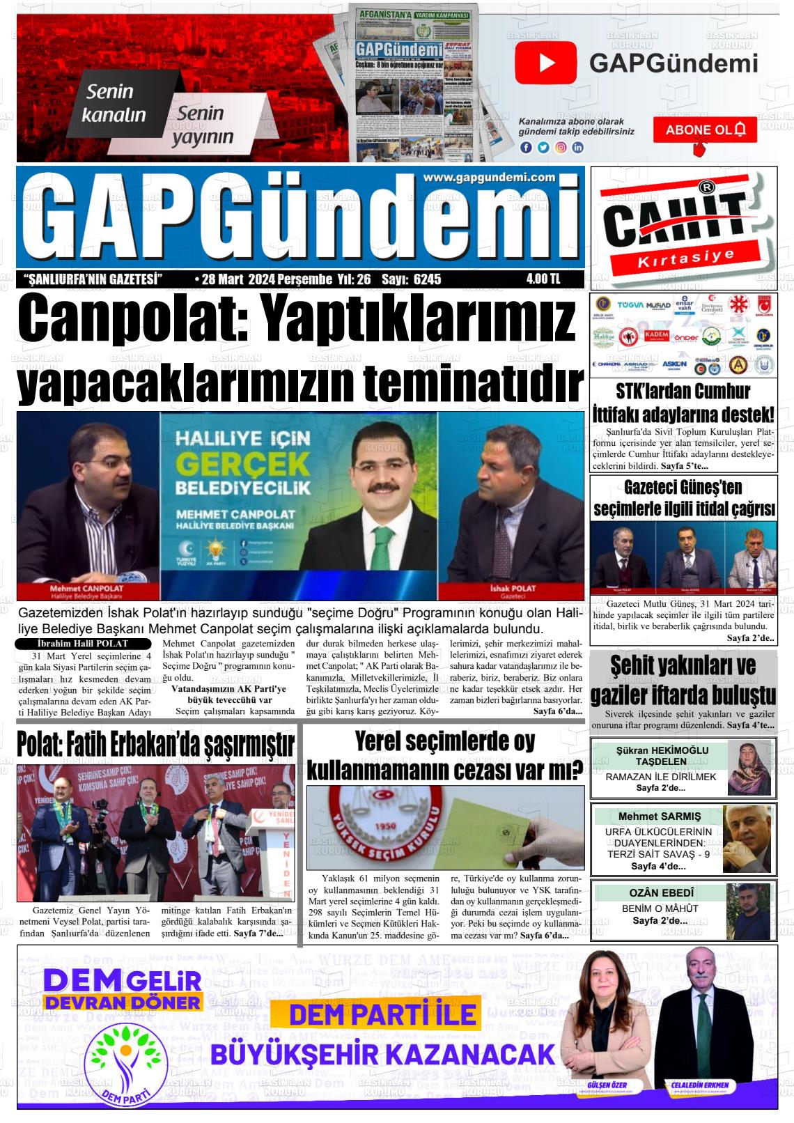 28 Mart 2024 Gap Gündemi Gazete Manşeti