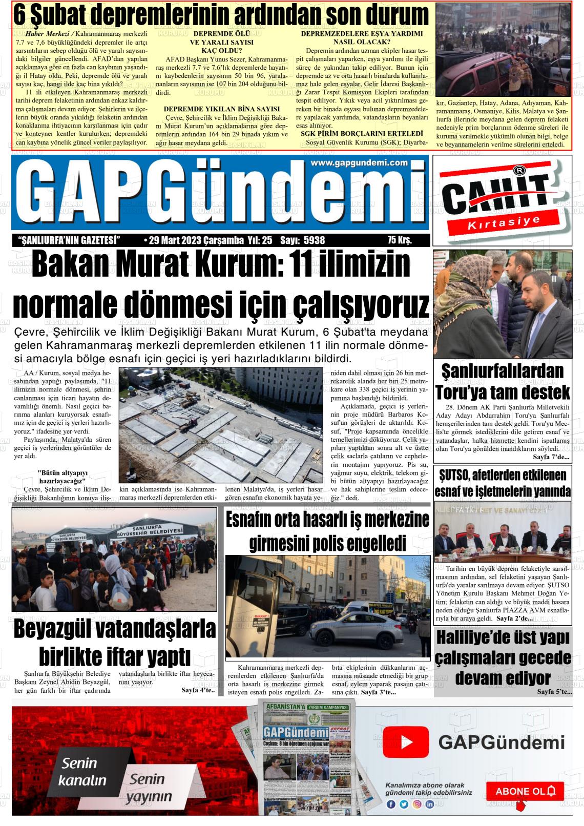 29 Mart 2023 Gap Gündemi Gazete Manşeti
