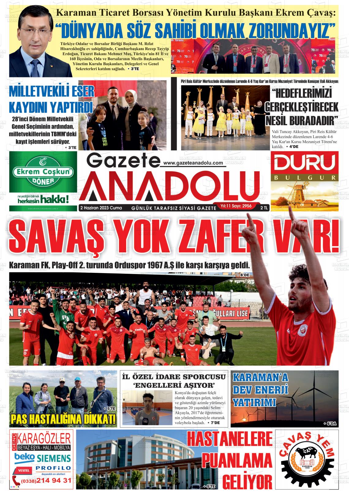 02 Haziran 2023 Gazete Anadolu Gazete Manşeti