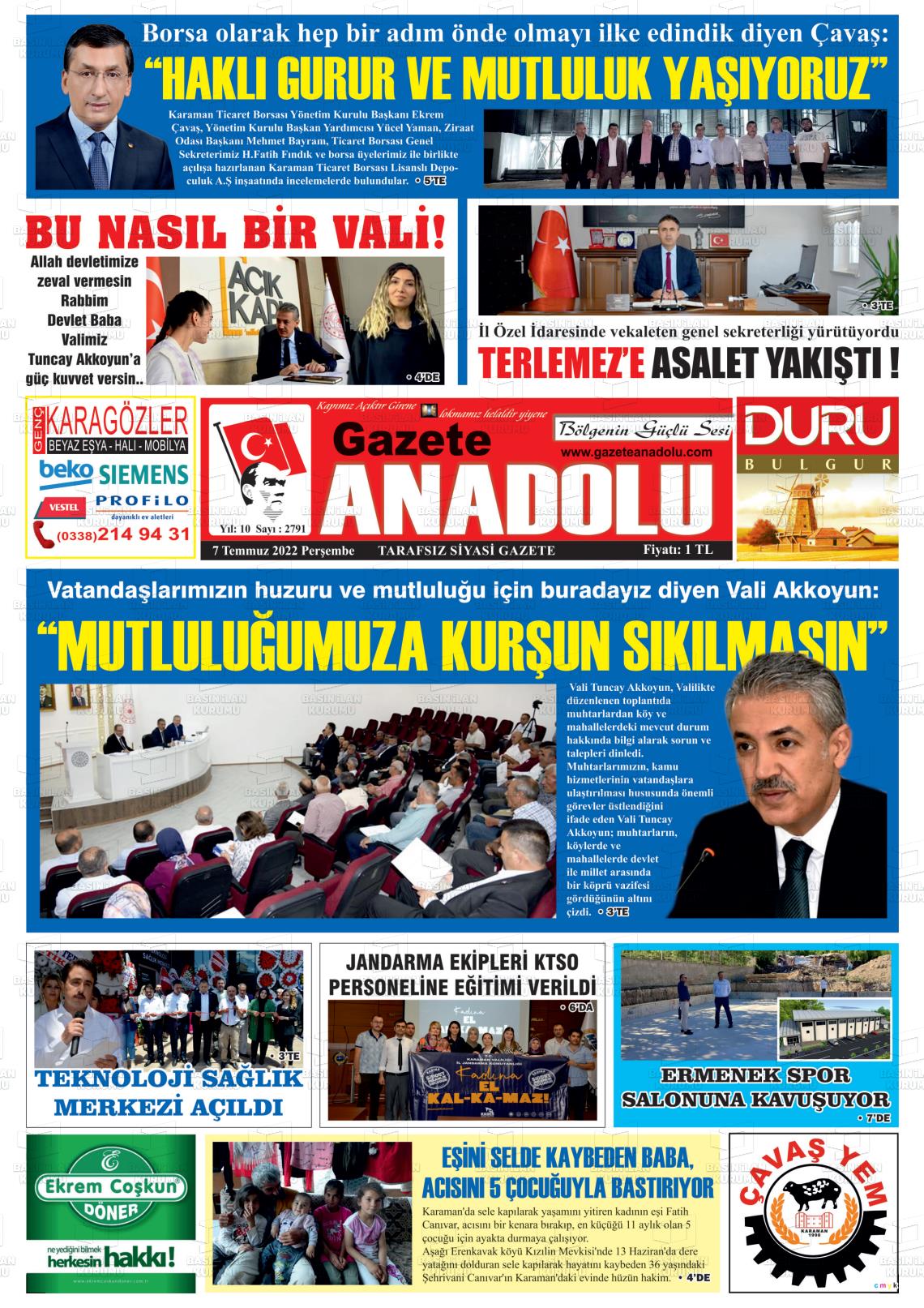 07 Temmuz 2022 Gazete Anadolu Gazete Manşeti