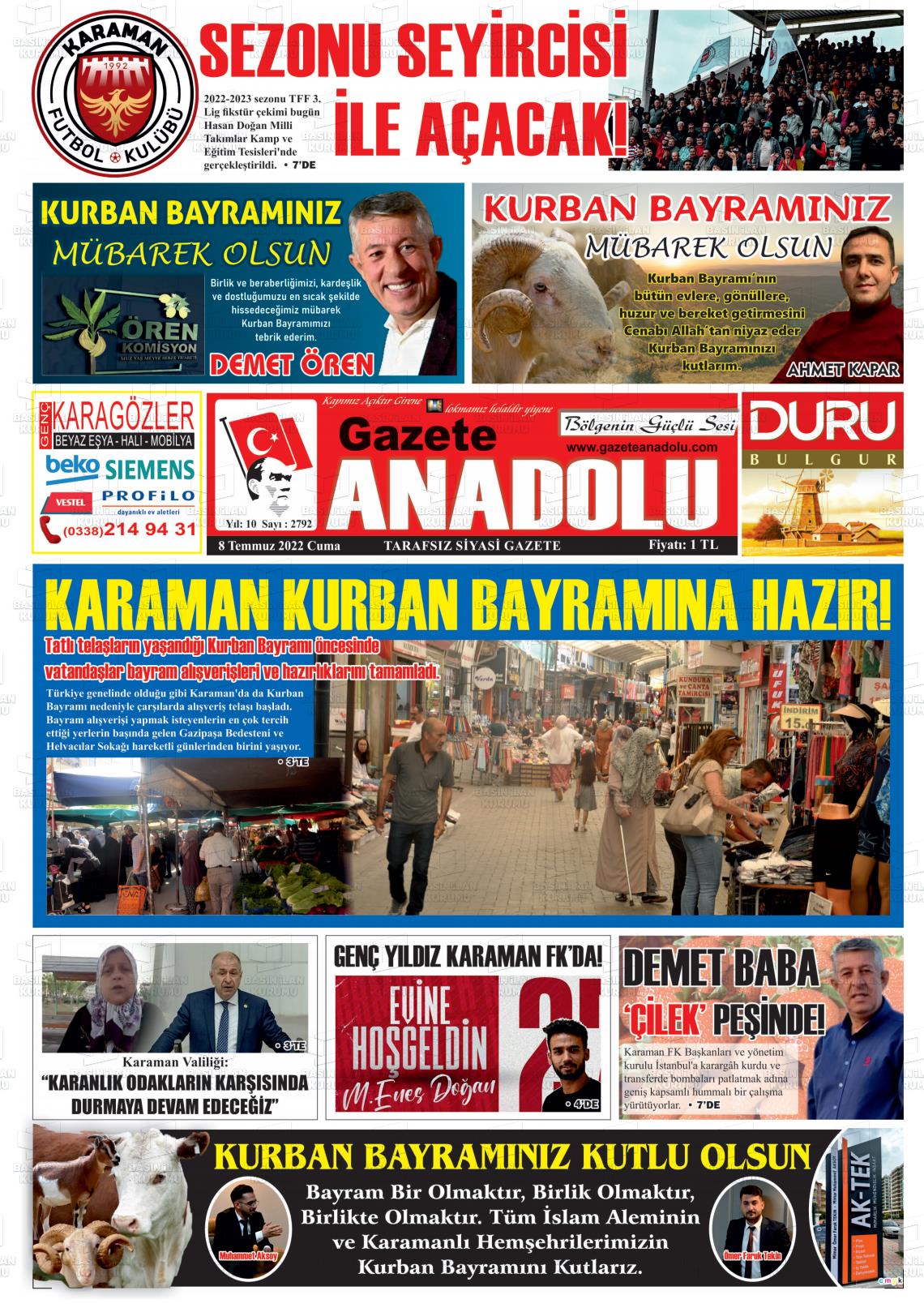 08 Temmuz 2022 Gazete Anadolu Gazete Manşeti