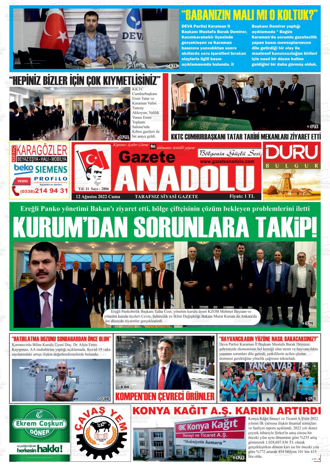 12 Ağustos 2022 Gazete Anadolu Gazete Manşeti