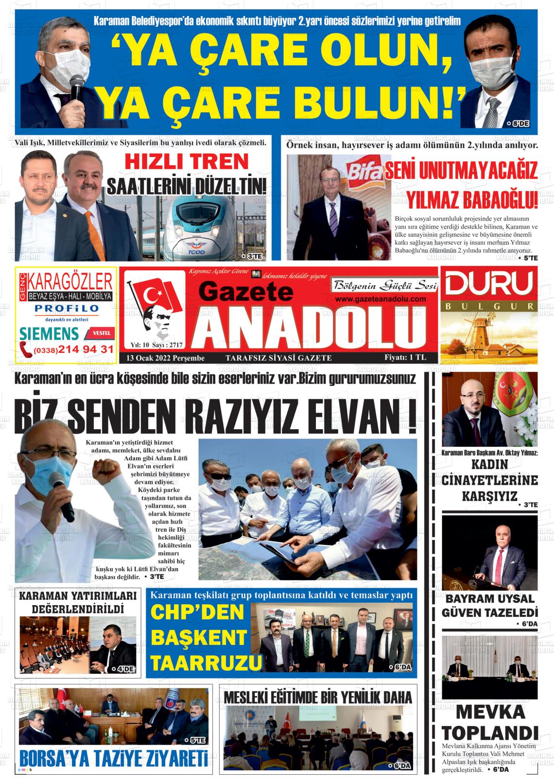 13 Ocak 2022 Gazete Anadolu Gazete Manşeti