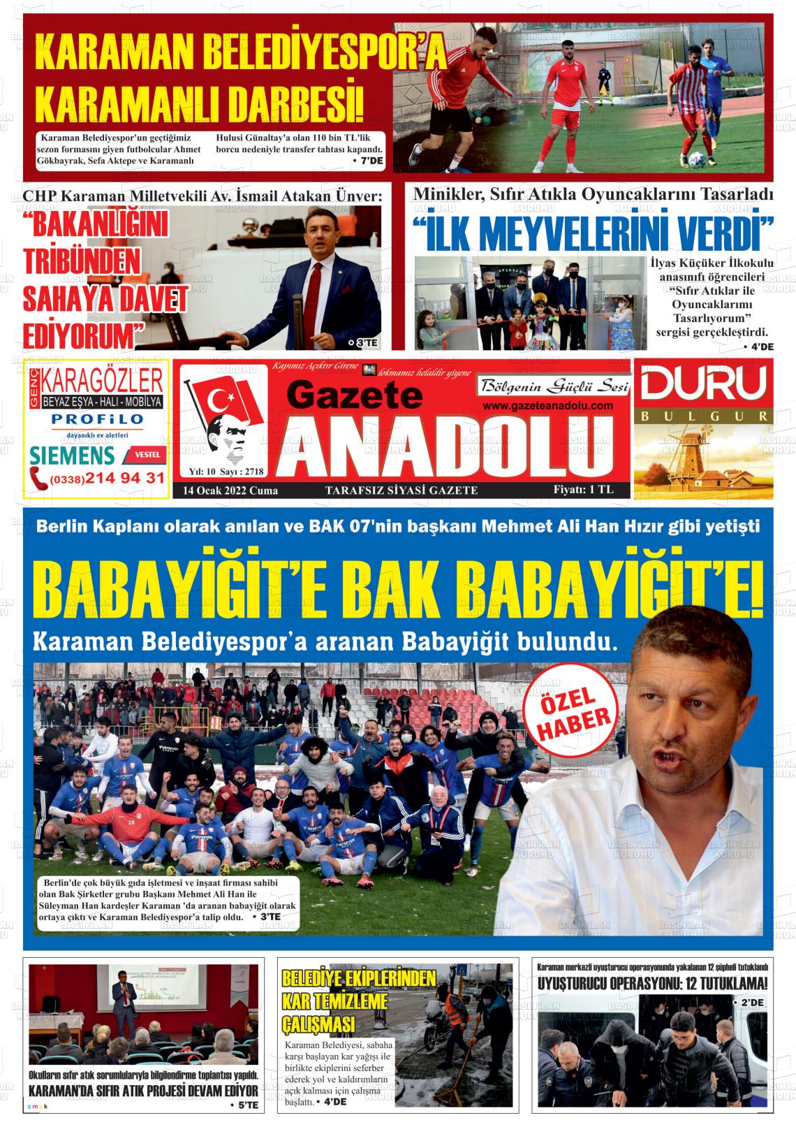 14 Ocak 2022 Gazete Anadolu Gazete Manşeti