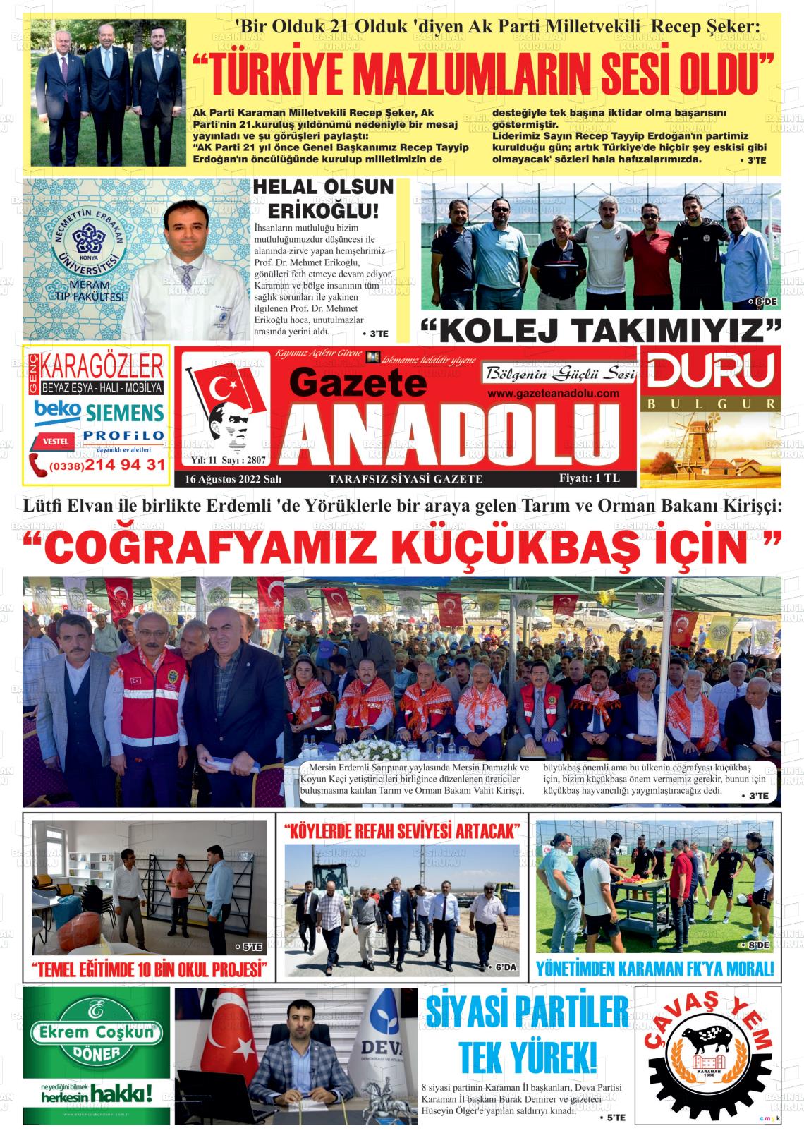 16 Ağustos 2022 Gazete Anadolu Gazete Manşeti