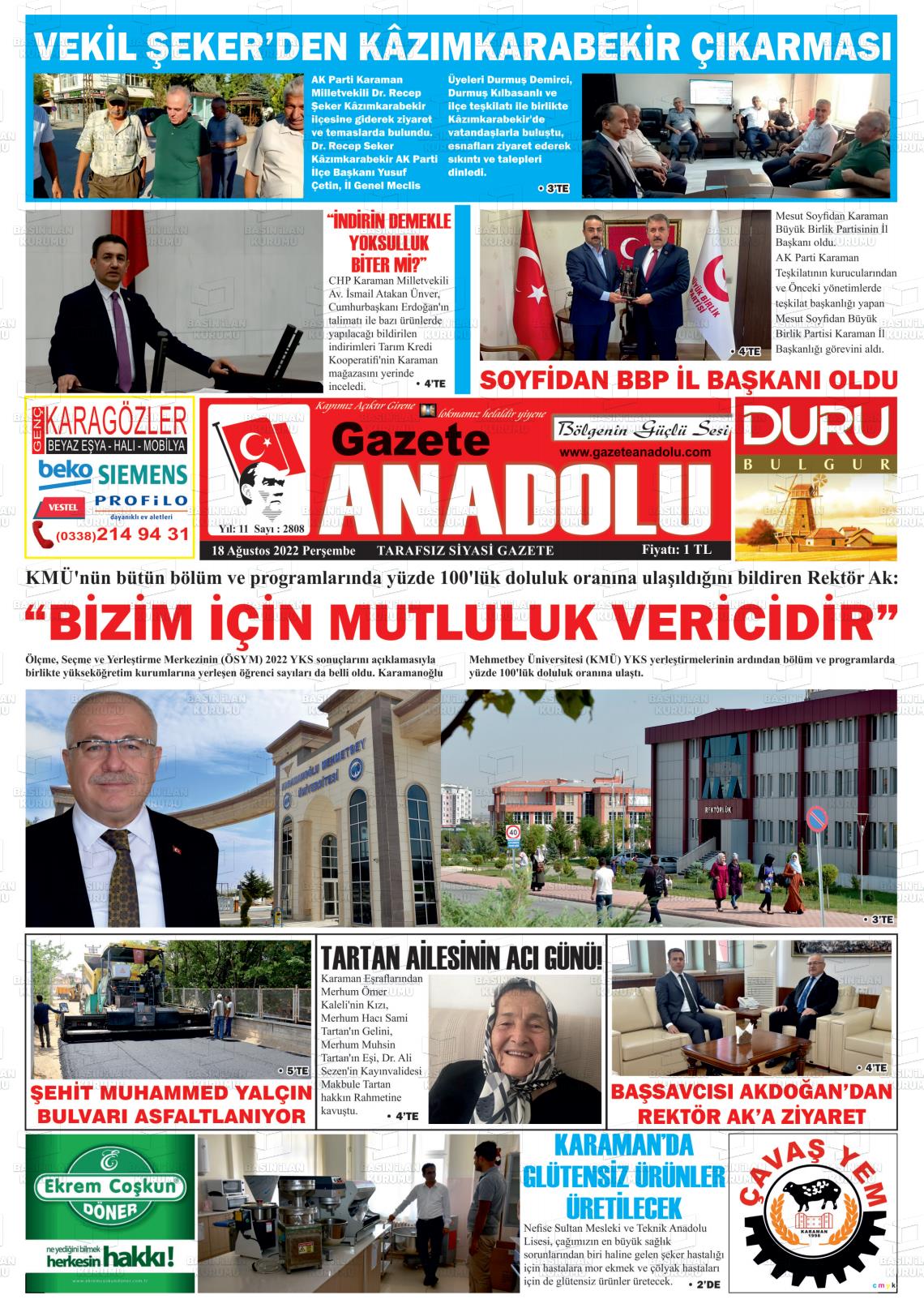 18 Ağustos 2022 Gazete Anadolu Gazete Manşeti