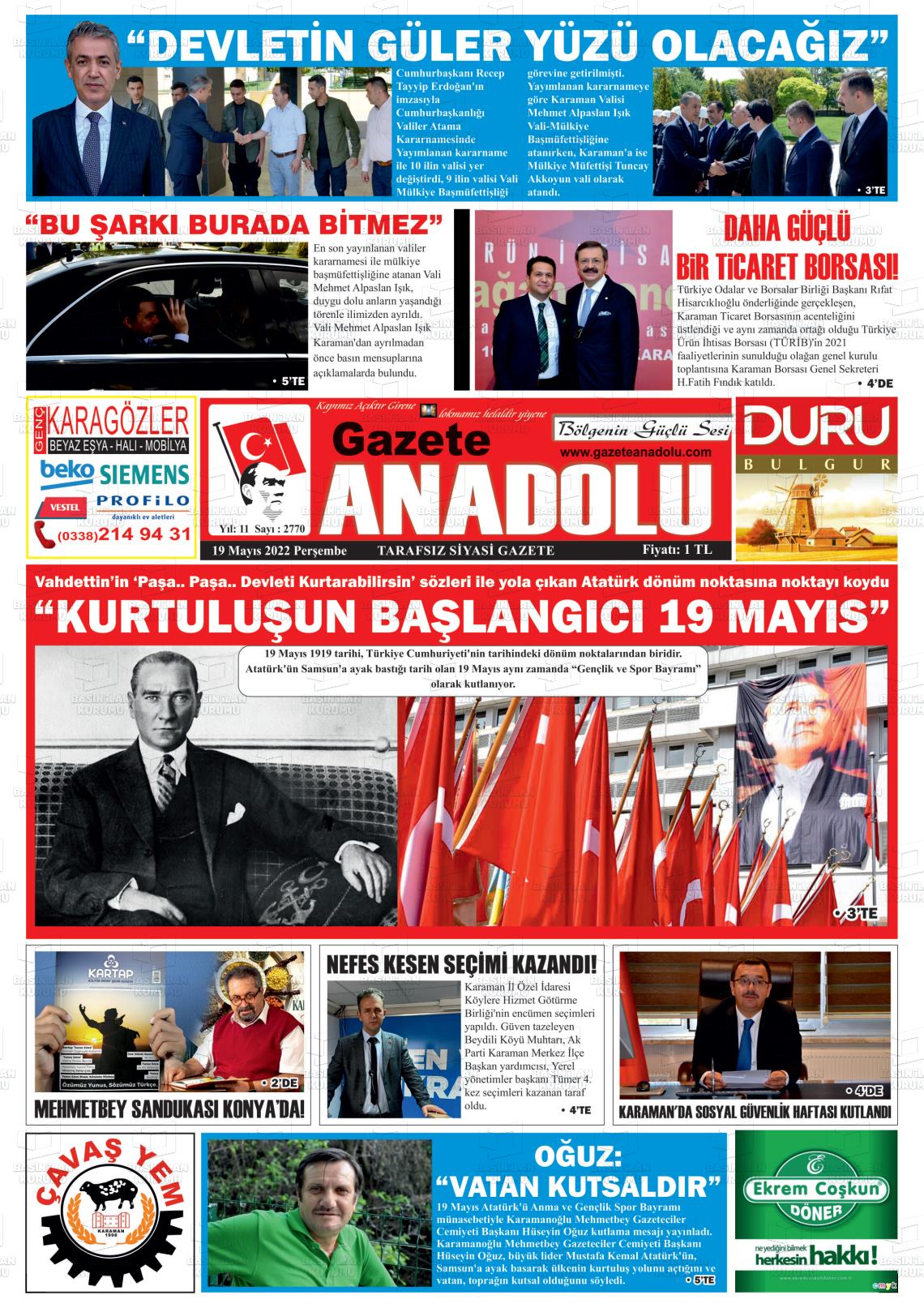 19 Mayıs 2022 Gazete Anadolu Gazete Manşeti