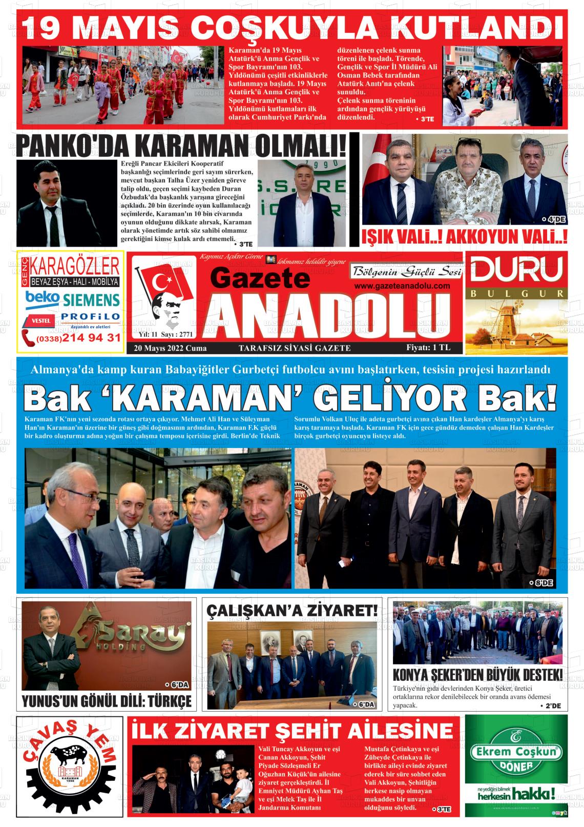 20 Mayıs 2022 Gazete Anadolu Gazete Manşeti