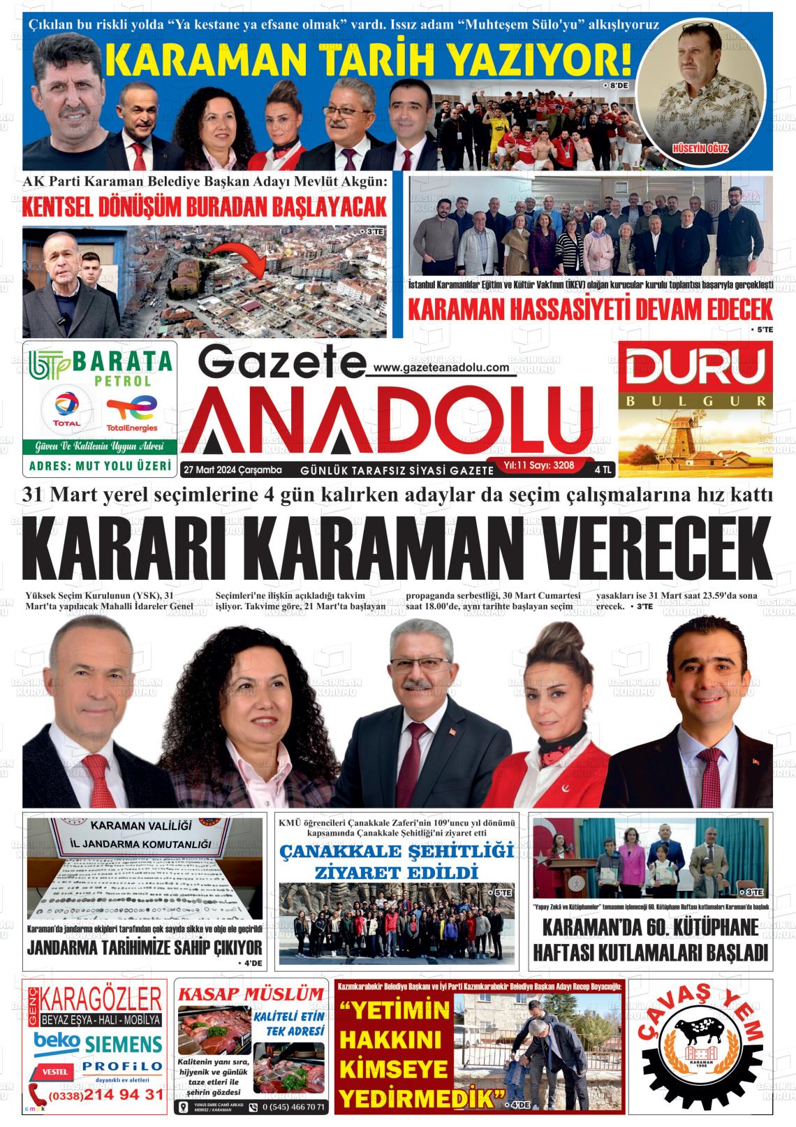 27 Mart 2024 Gazete Anadolu Gazete Manşeti