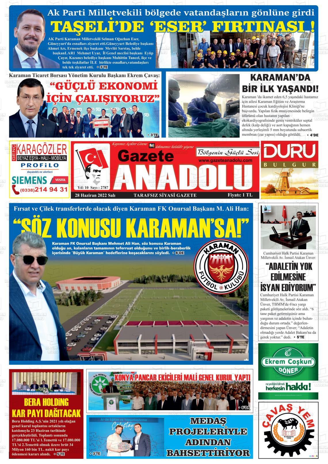 28 Haziran 2022 Gazete Anadolu Gazete Manşeti