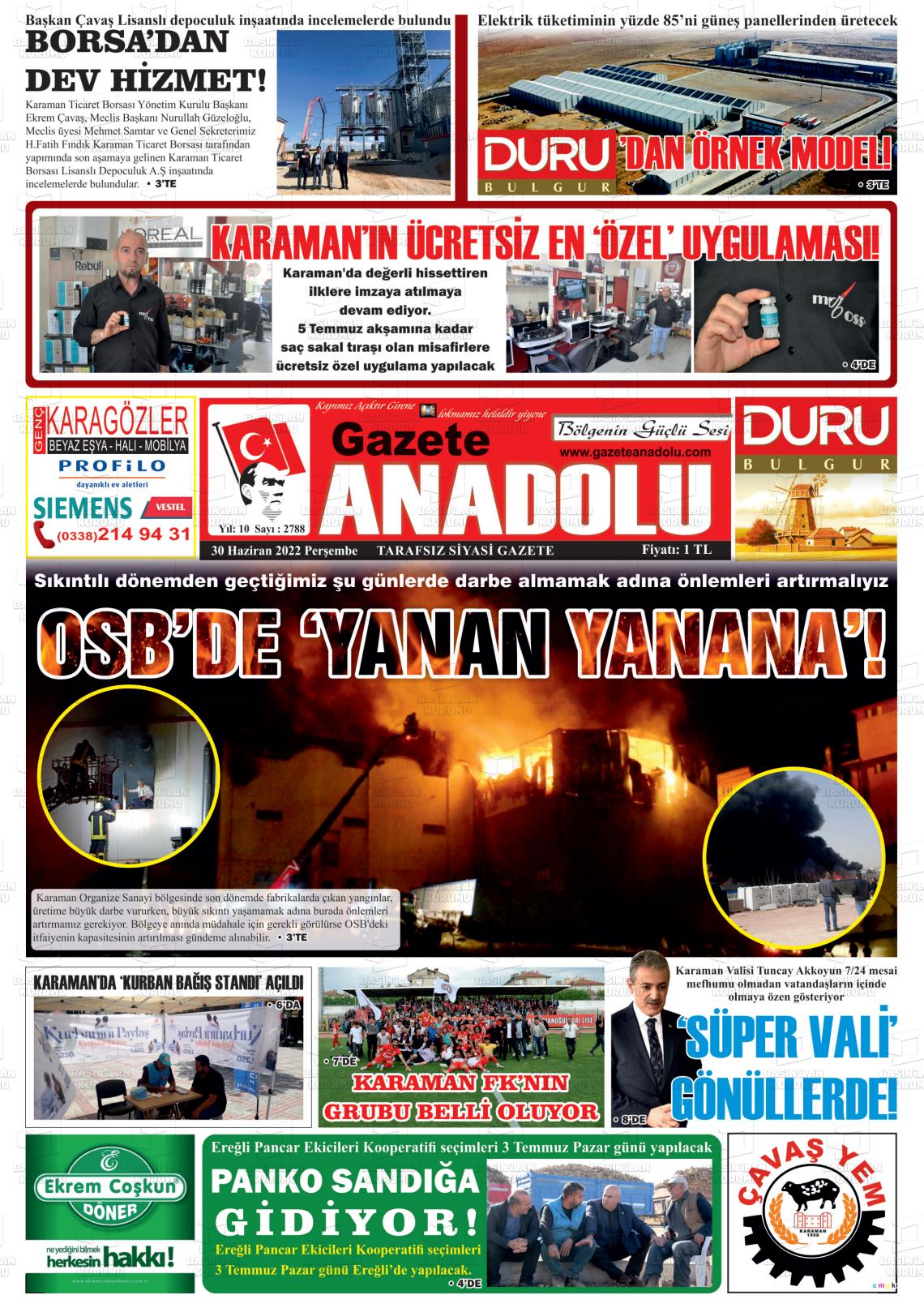 01 Temmuz 2022 Gazete Anadolu Gazete Manşeti