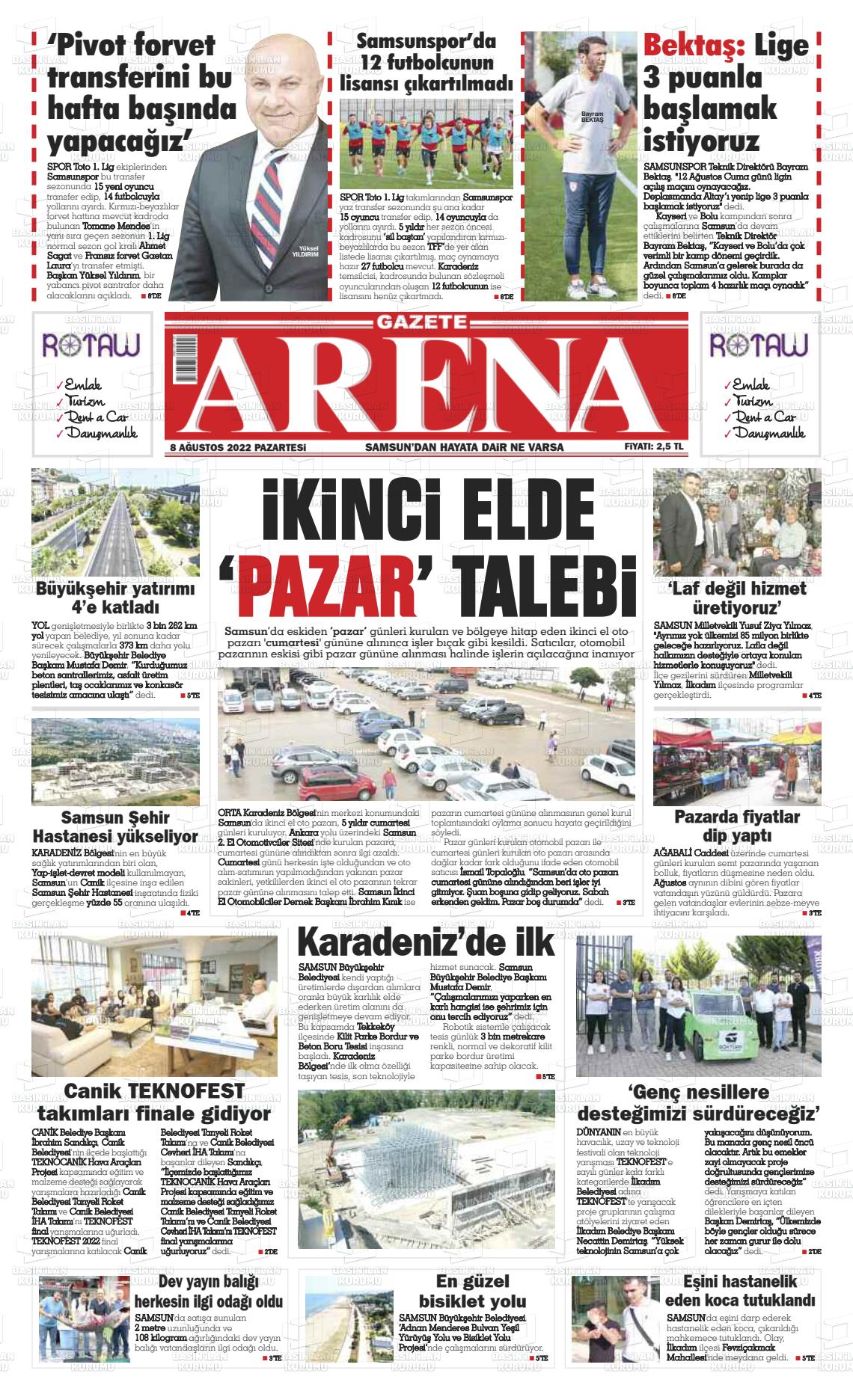 08 Ağustos 2022 Arena Gazete Manşeti