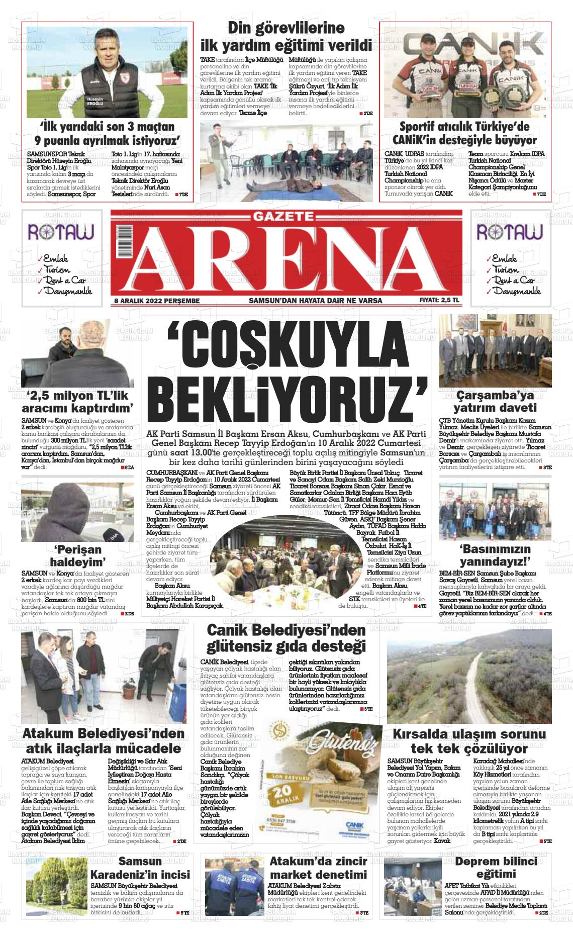 08 Aralık 2022 Arena Gazete Manşeti