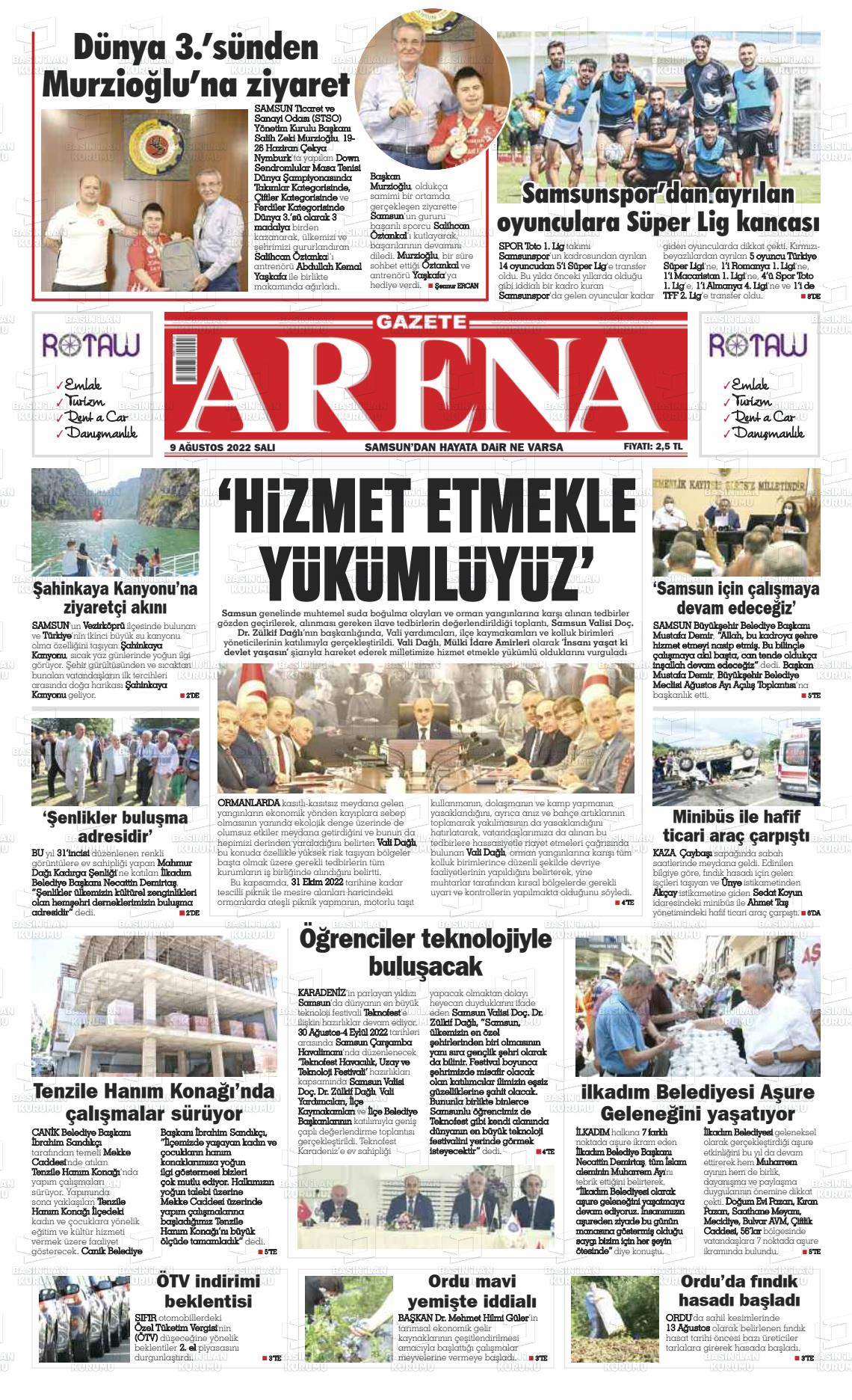 09 Ağustos 2022 Arena Gazete Manşeti