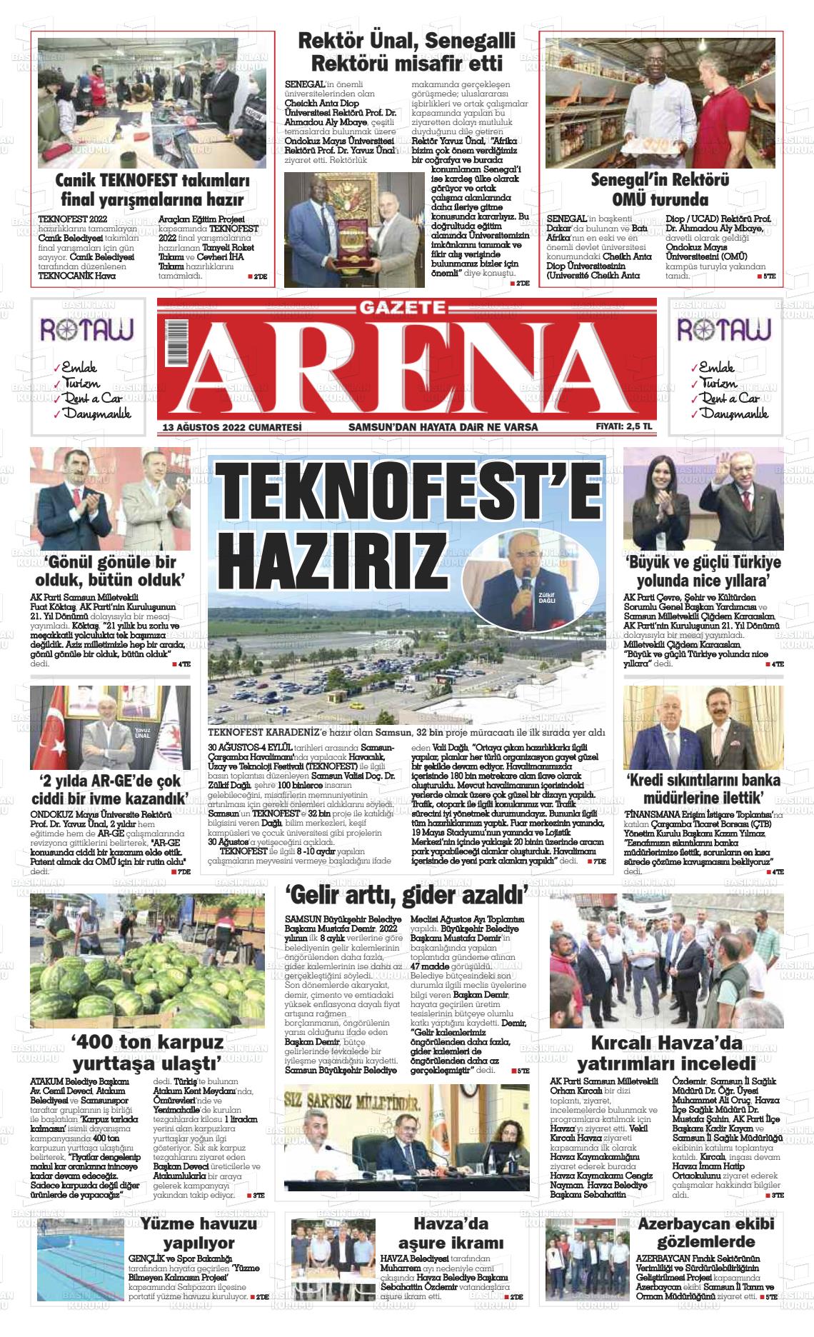 13 Ağustos 2022 Arena Gazete Manşeti