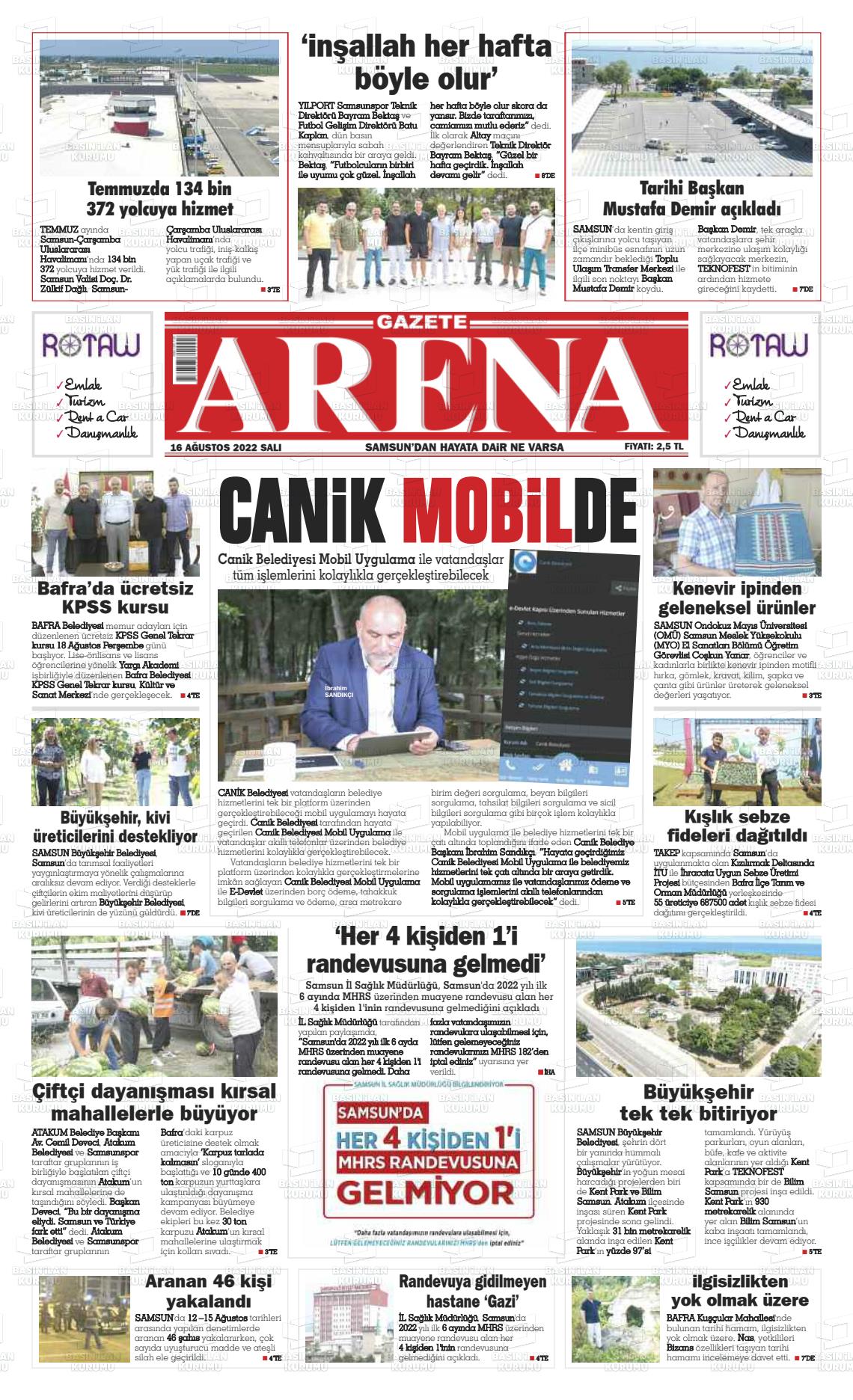 16 Ağustos 2022 Arena Gazete Manşeti