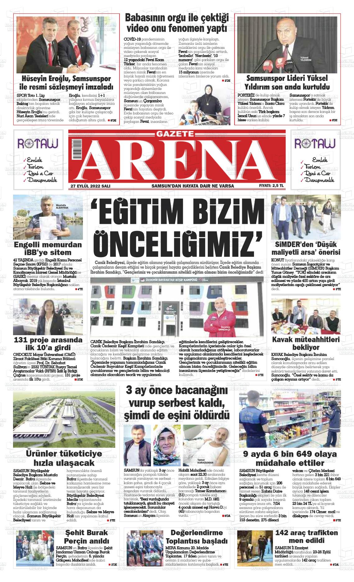 27 Eylül 2022 Arena Gazete Manşeti