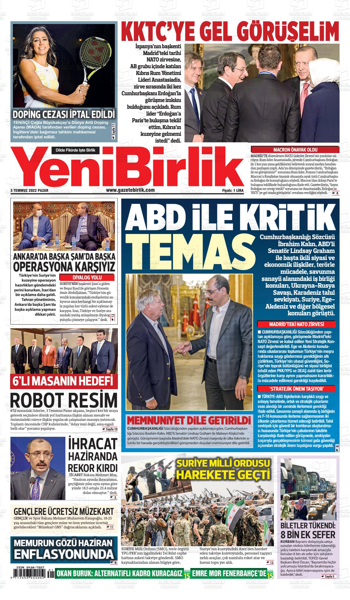 03 Temmuz 2022 Yeni Birlik Gazete Manşeti