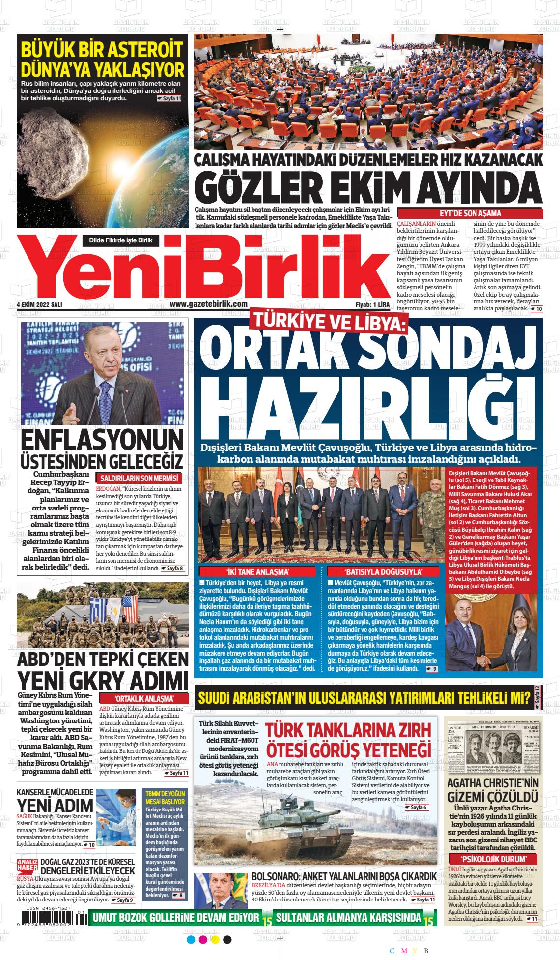 04 Ekim 2022 Yeni Birlik Gazete Manşeti
