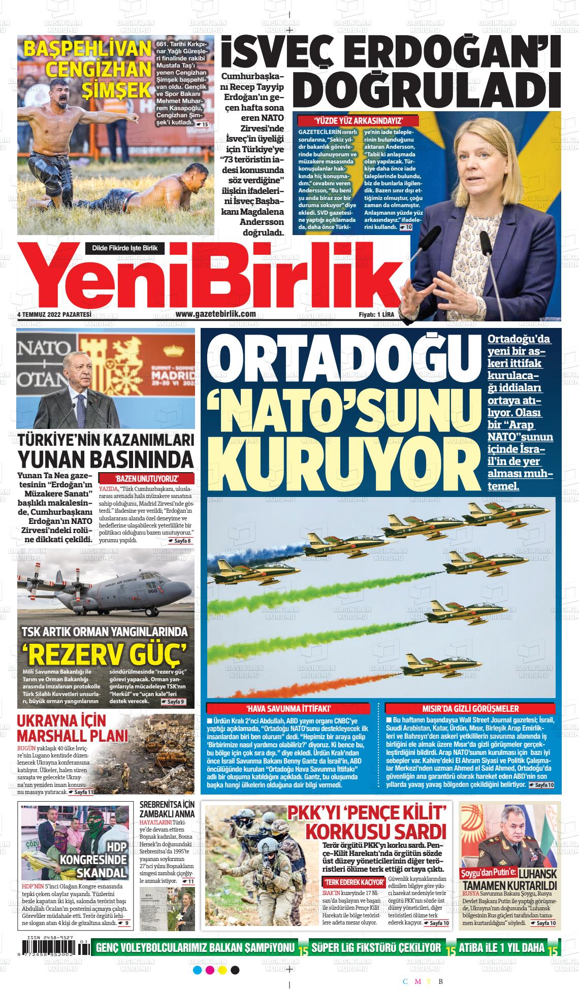 04 Temmuz 2022 Yeni Birlik Gazete Manşeti
