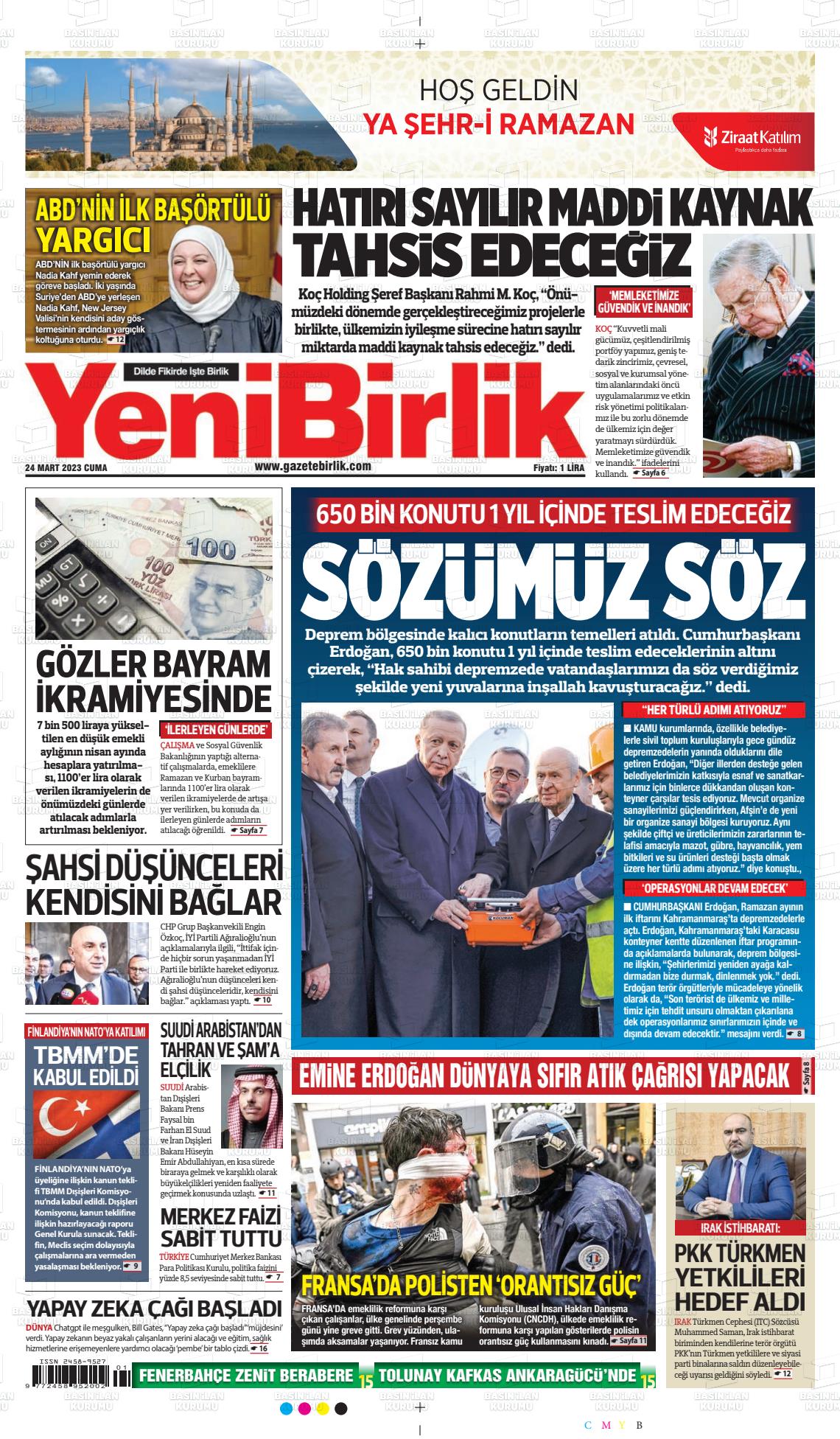 24 Mart 2023 Yeni Birlik Gazete Manşeti