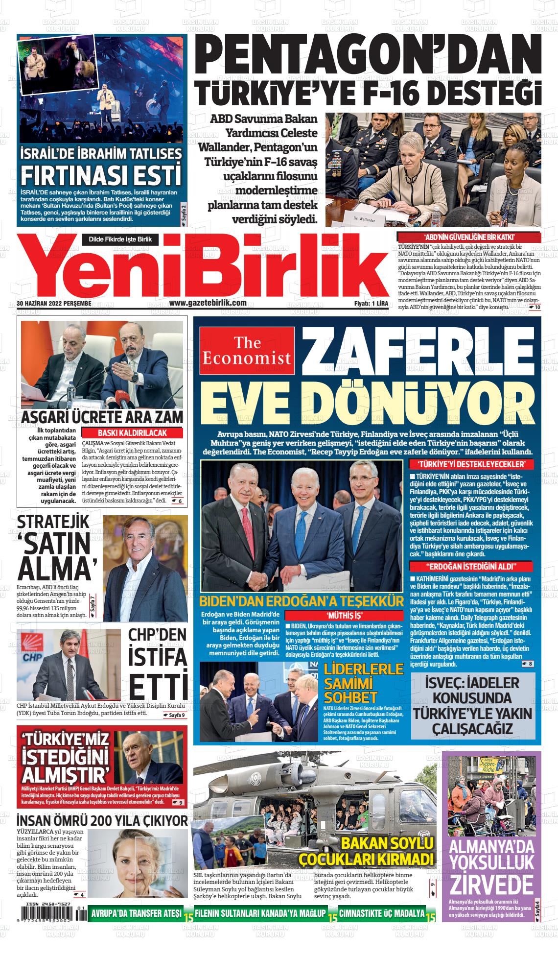 01 Temmuz 2022 Yeni Birlik Gazete Manşeti