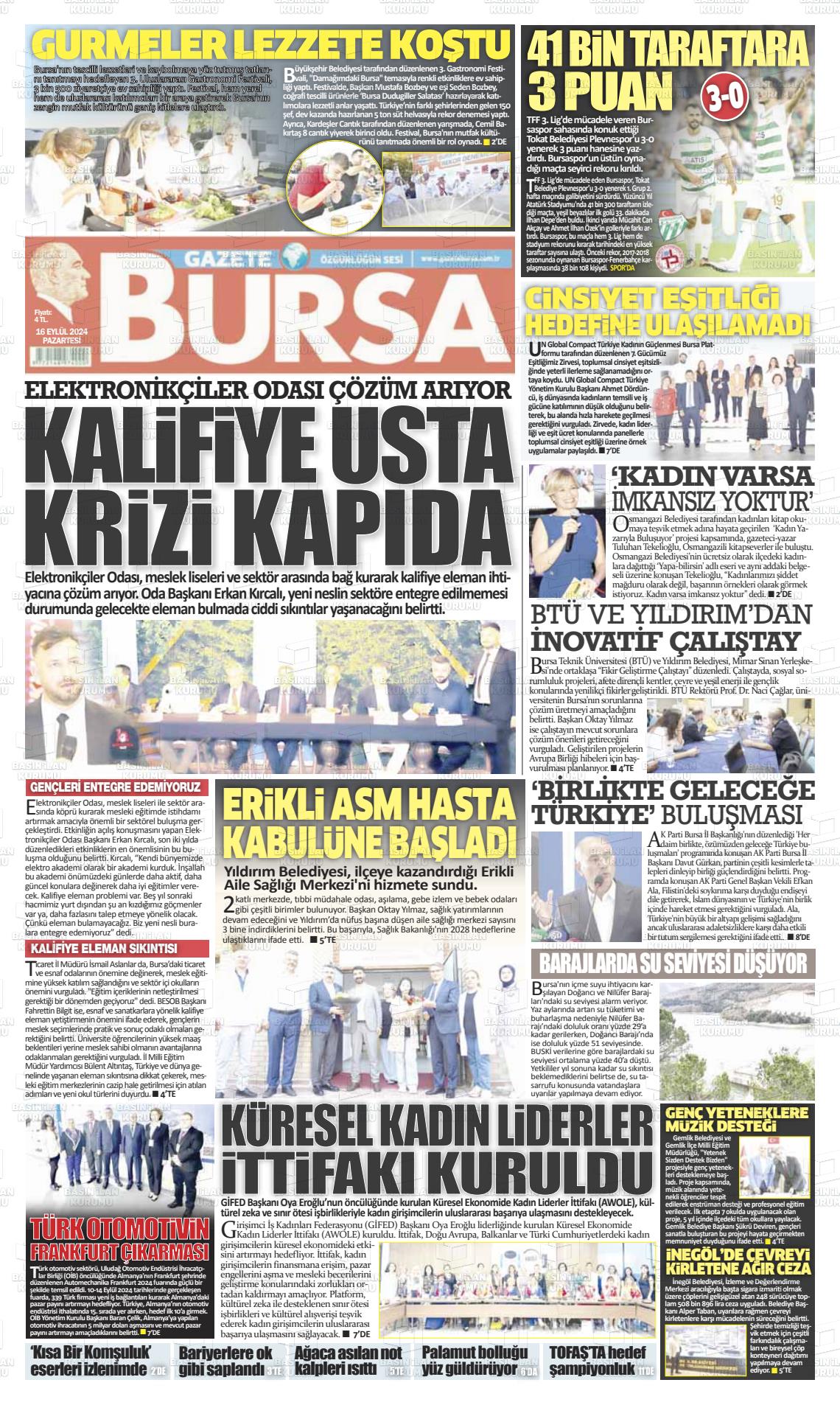 16 Eylül 2024 Gazete Bursa Gazete Manşeti