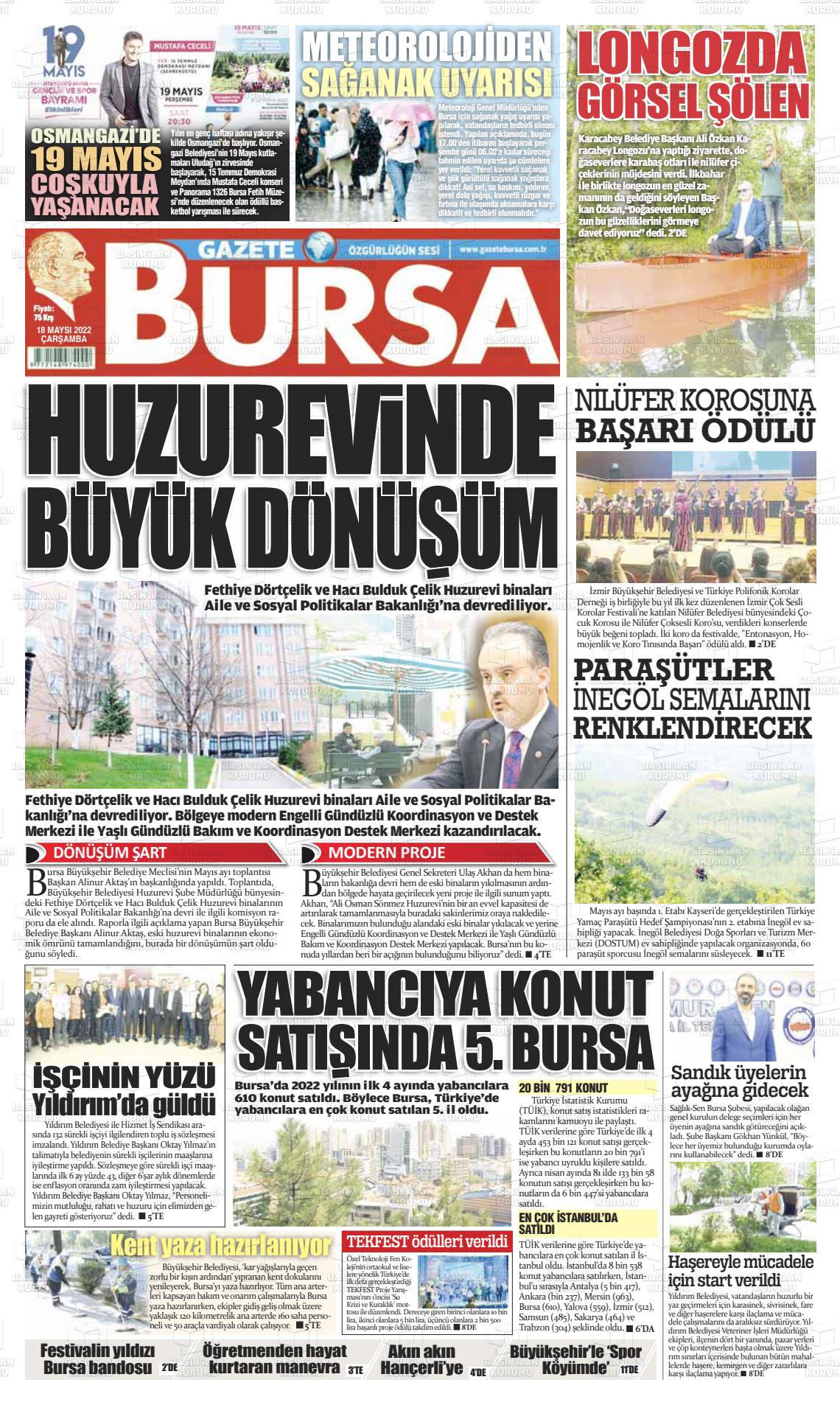 18 Mayıs 2022 Gazete Bursa Gazete Manşeti