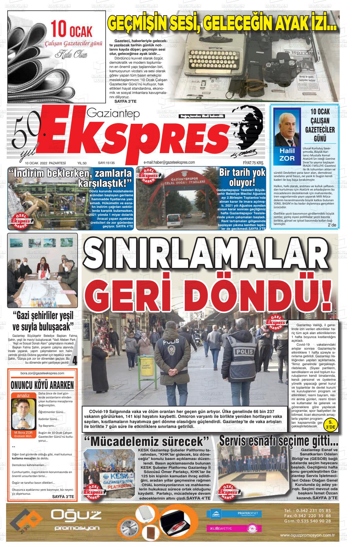 10 Ocak 2022 Gaziantep Ekspres Gazete Manşeti