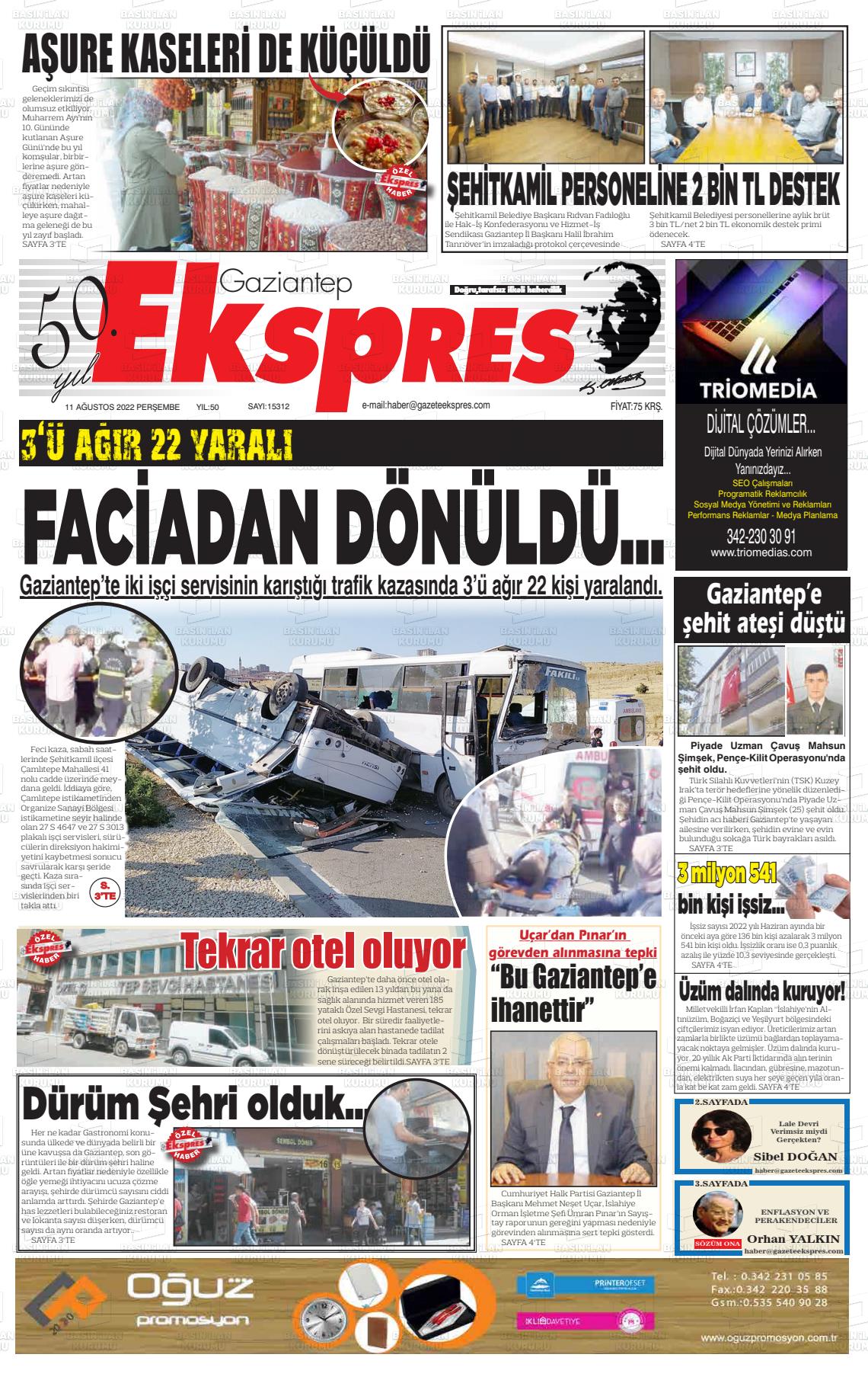 11 Ağustos 2022 Gaziantep Ekspres Gazete Manşeti