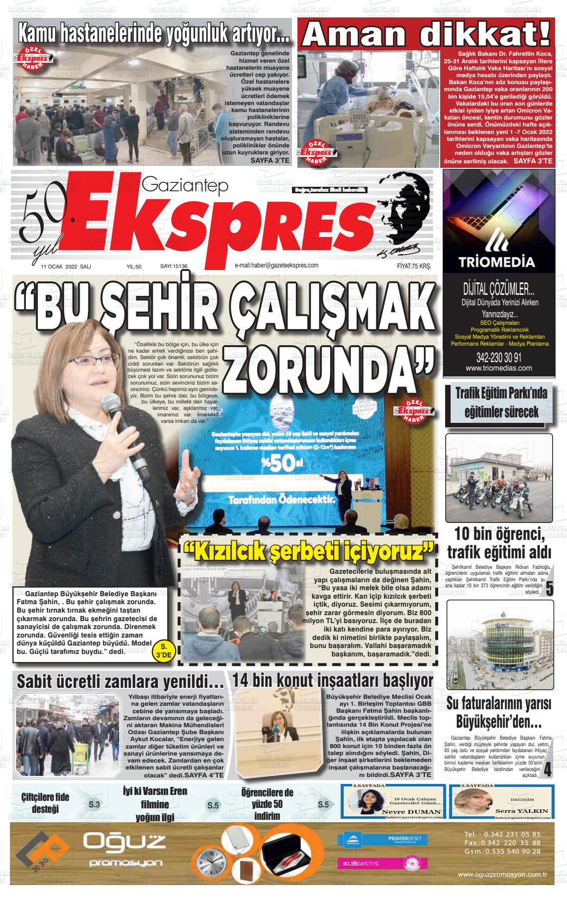 11 Ocak 2022 Gaziantep Ekspres Gazete Manşeti