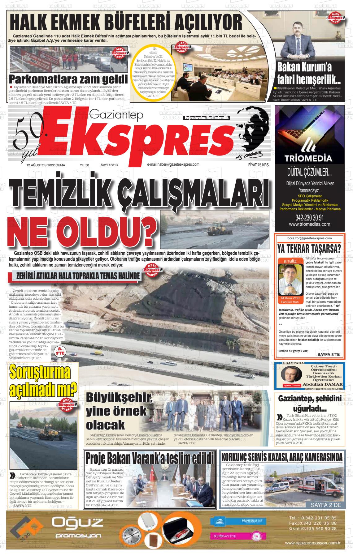 12 Ağustos 2022 Gaziantep Ekspres Gazete Manşeti