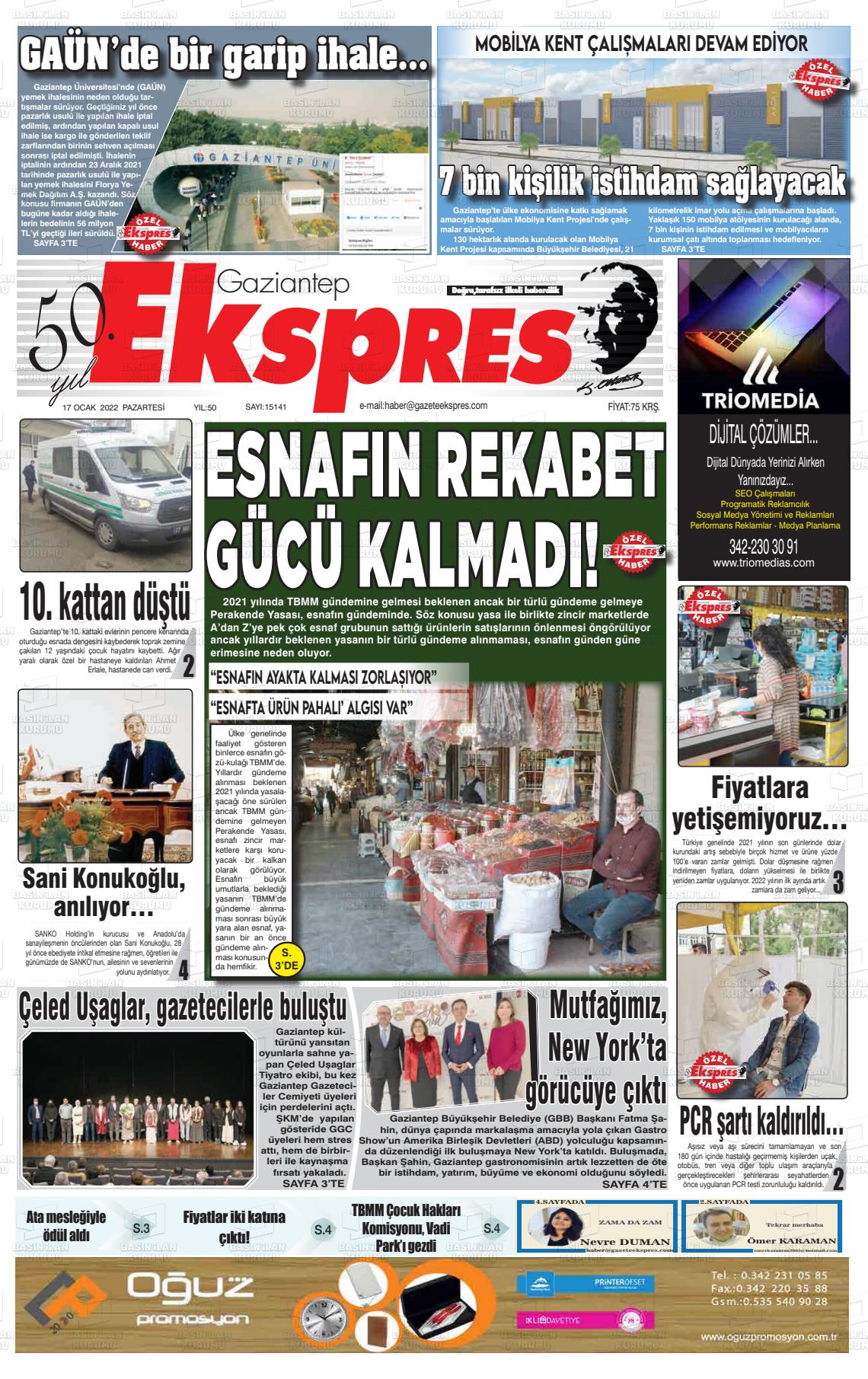 17 Ocak 2022 Gaziantep Ekspres Gazete Manşeti