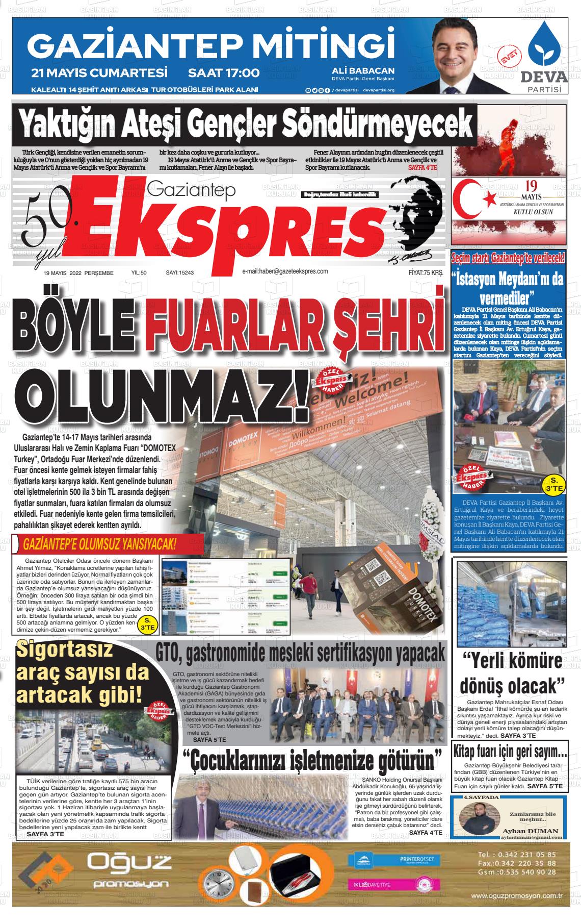19 Mayıs 2022 Gaziantep Ekspres Gazete Manşeti