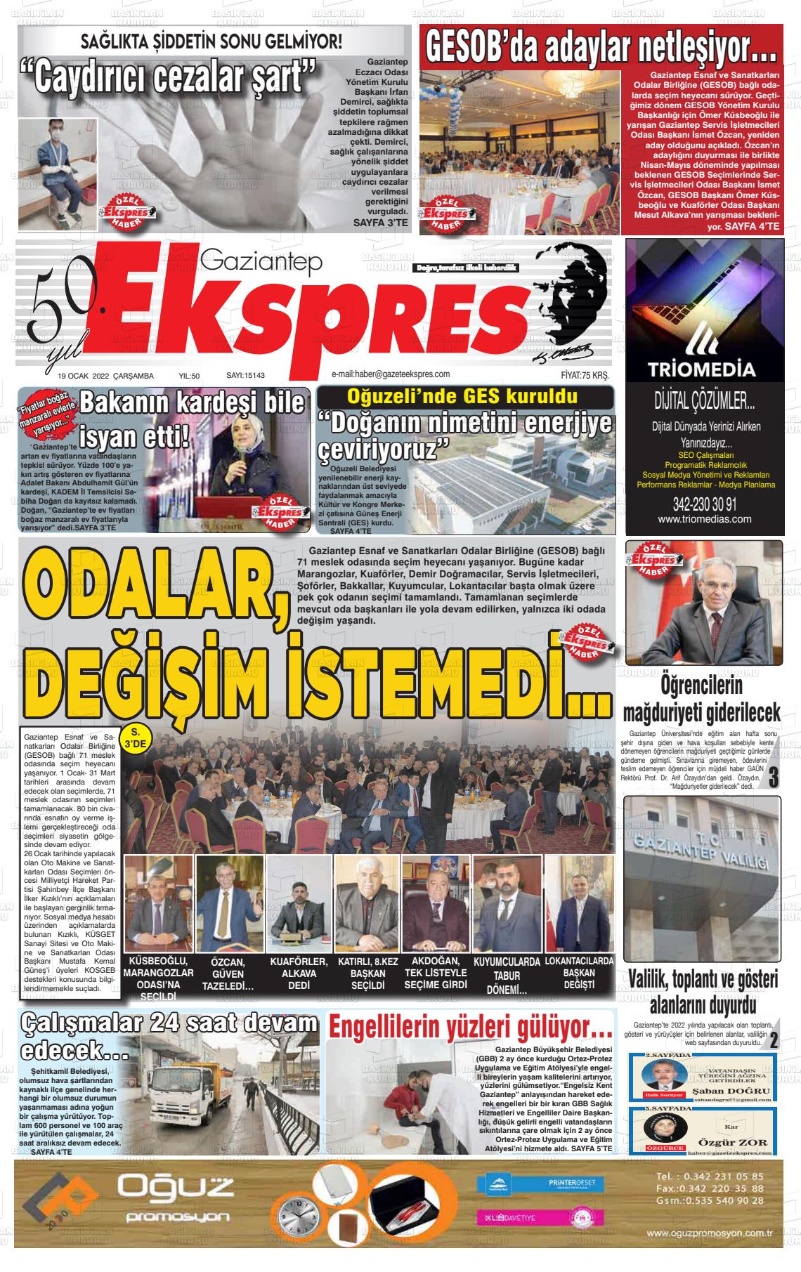 19 Ocak 2022 Gaziantep Ekspres Gazete Manşeti