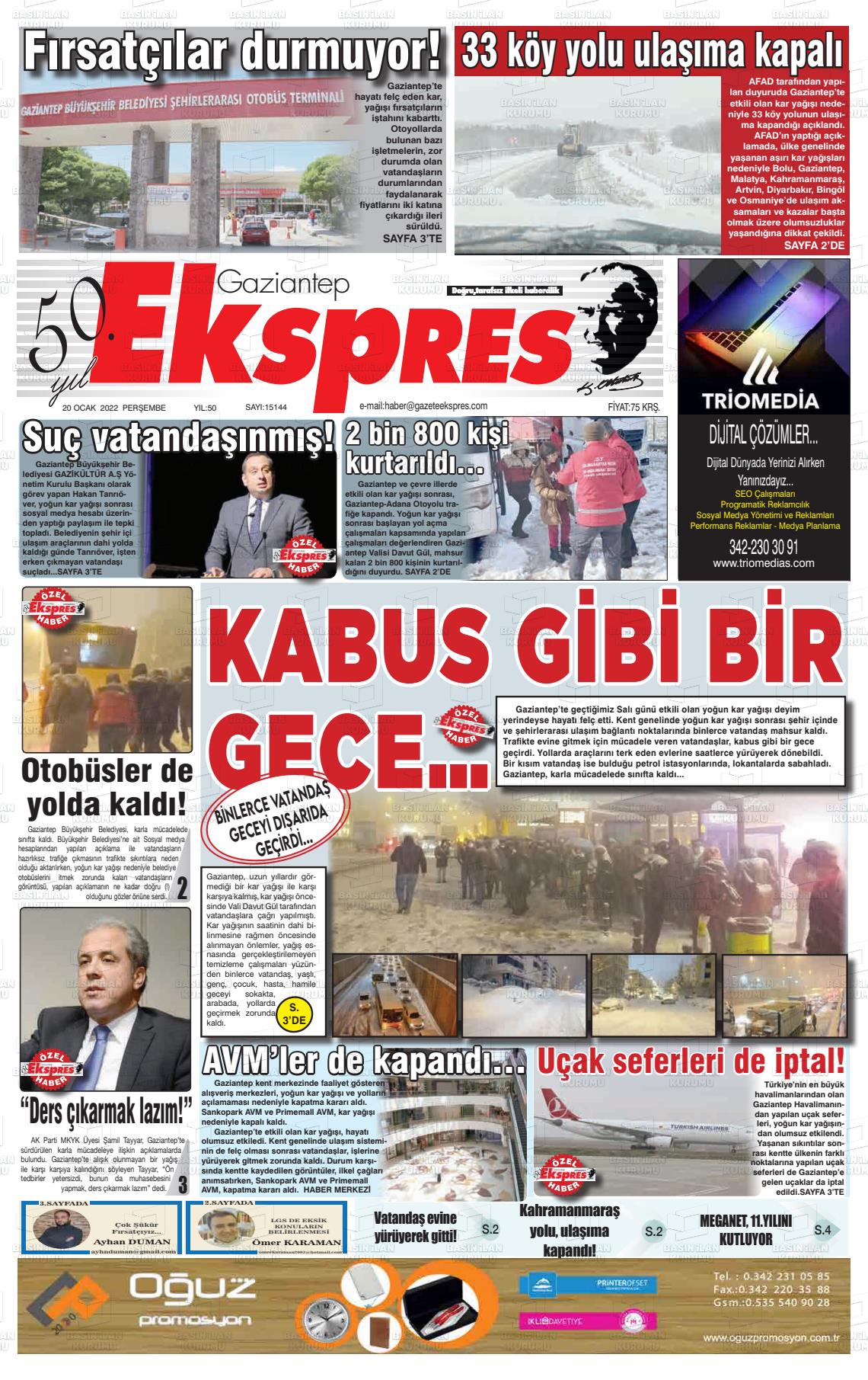 20 Ocak 2022 Gaziantep Ekspres Gazete Manşeti