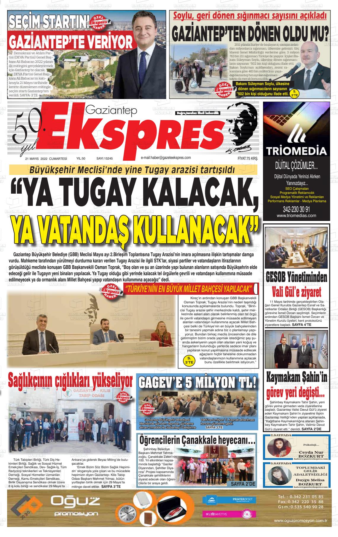 21 Mayıs 2022 Gaziantep Ekspres Gazete Manşeti