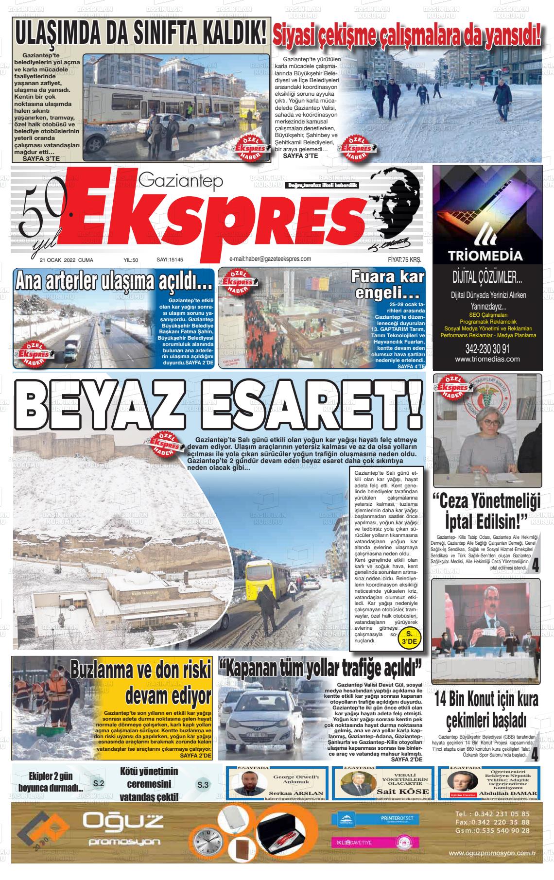 21 Ocak 2022 Gaziantep Ekspres Gazete Manşeti