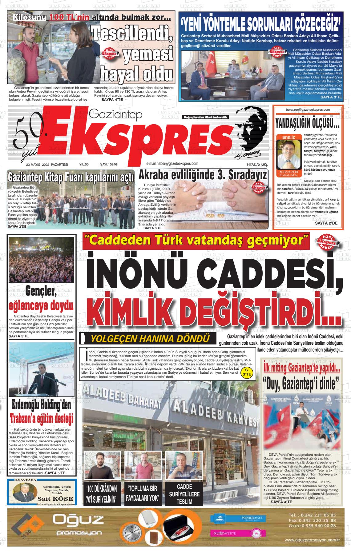 23 Mayıs 2022 Gaziantep Ekspres Gazete Manşeti
