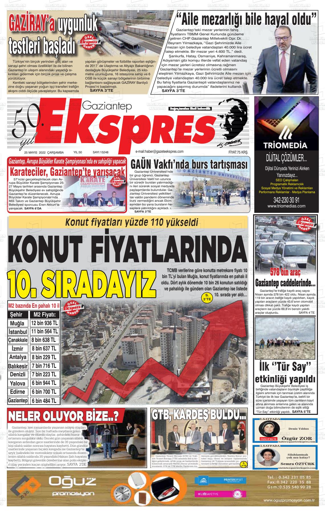 25 Mayıs 2022 Gaziantep Ekspres Gazete Manşeti