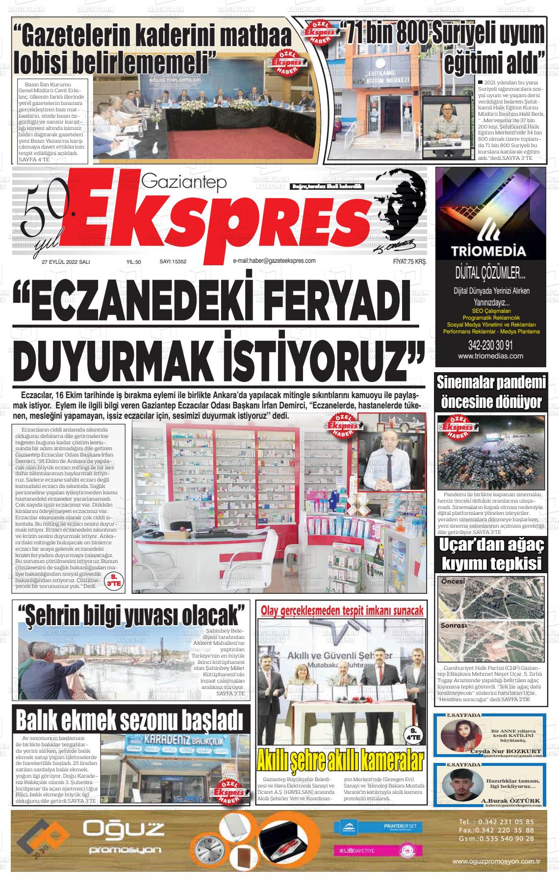 27 Eylül 2022 Gaziantep Ekspres Gazete Manşeti