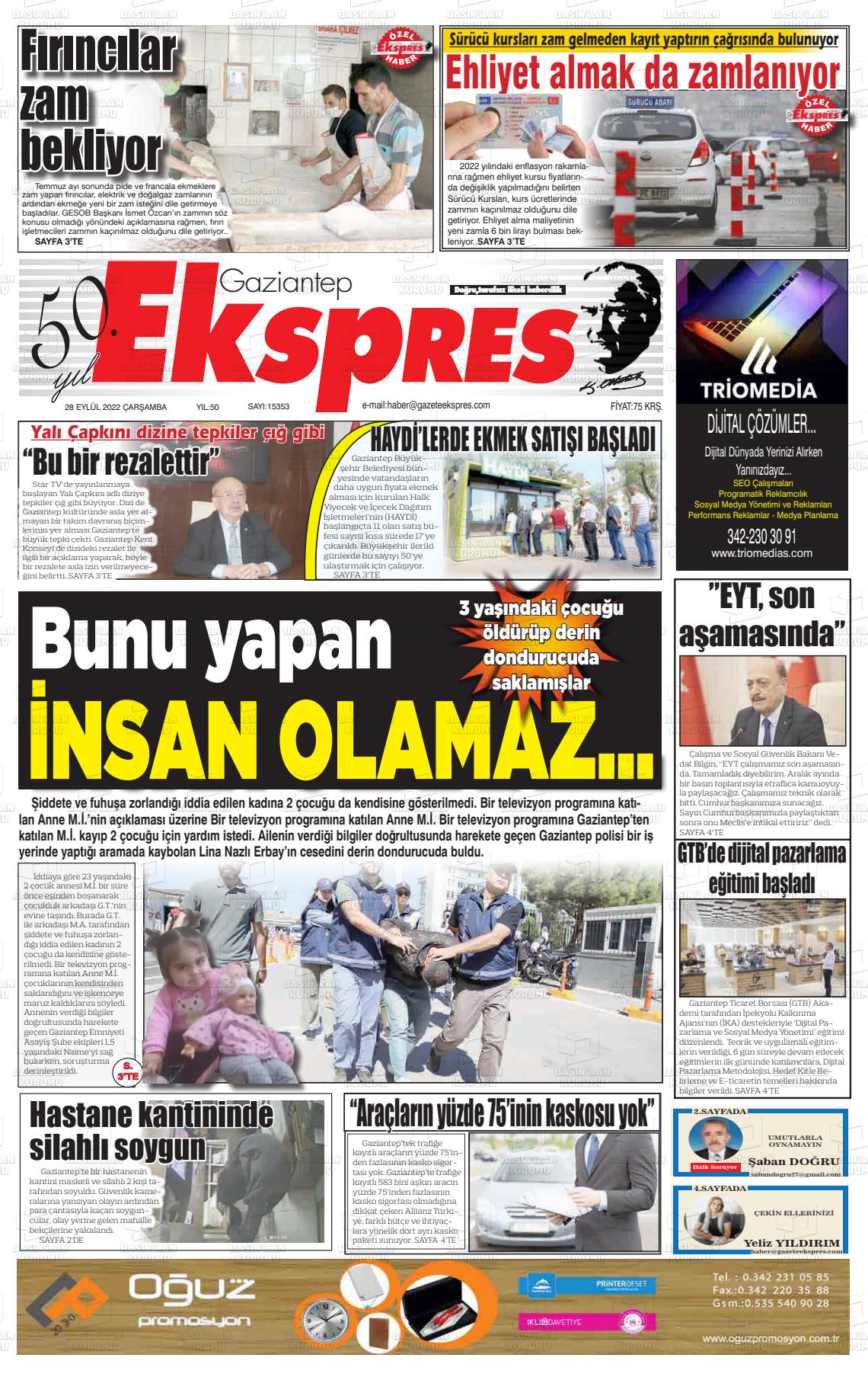 28 Eylül 2022 Gaziantep Ekspres Gazete Manşeti