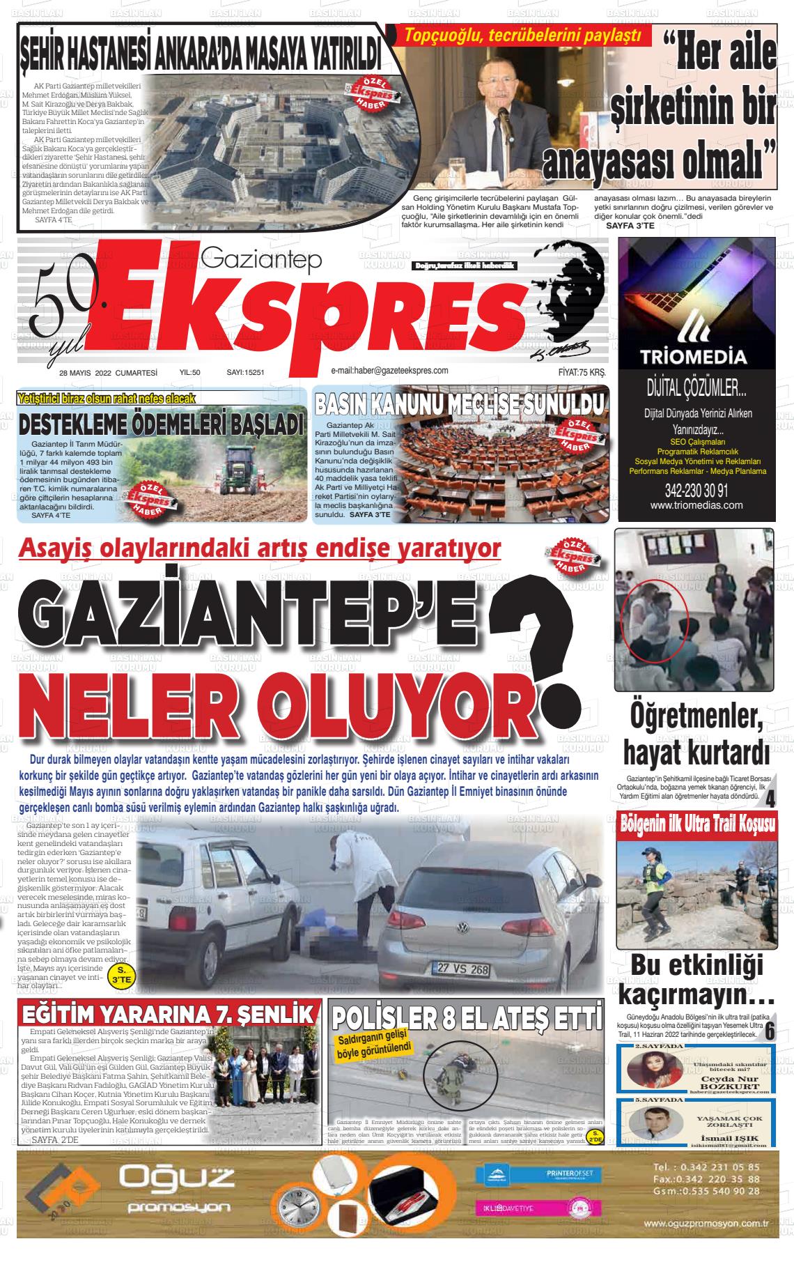 28 Mayıs 2022 Gaziantep Ekspres Gazete Manşeti