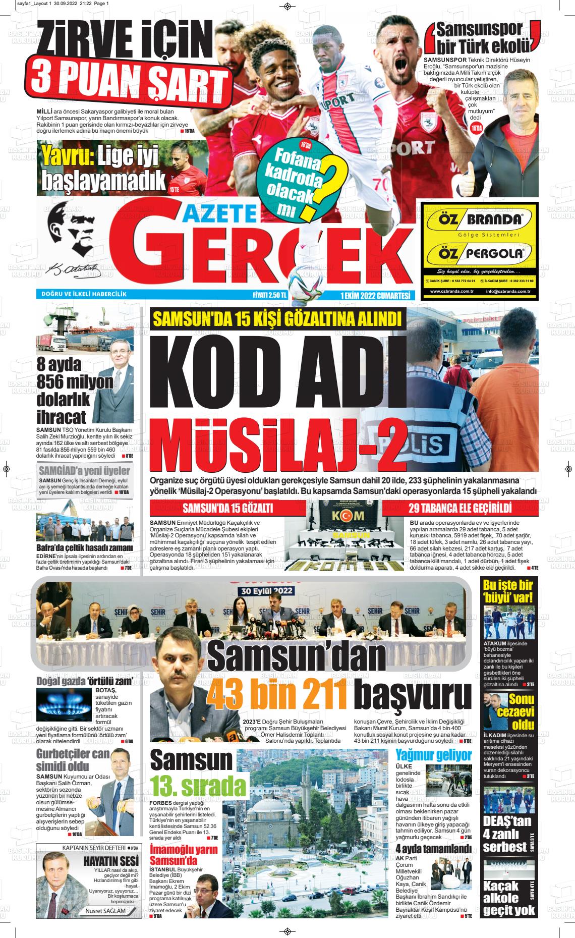 01 Ekim 2022 Gazete Gerçek Gazete Manşeti