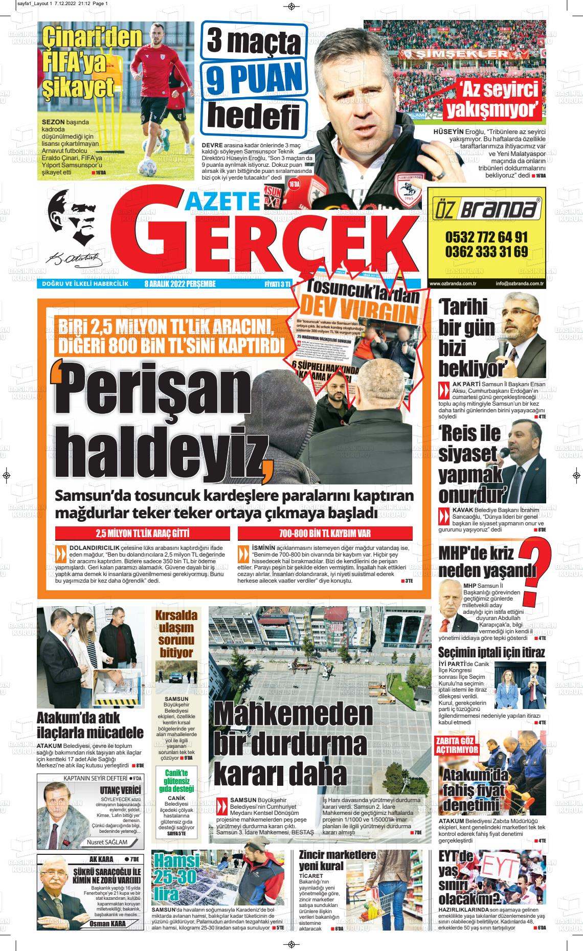 08 Aralık 2022 Gazete Gerçek Gazete Manşeti
